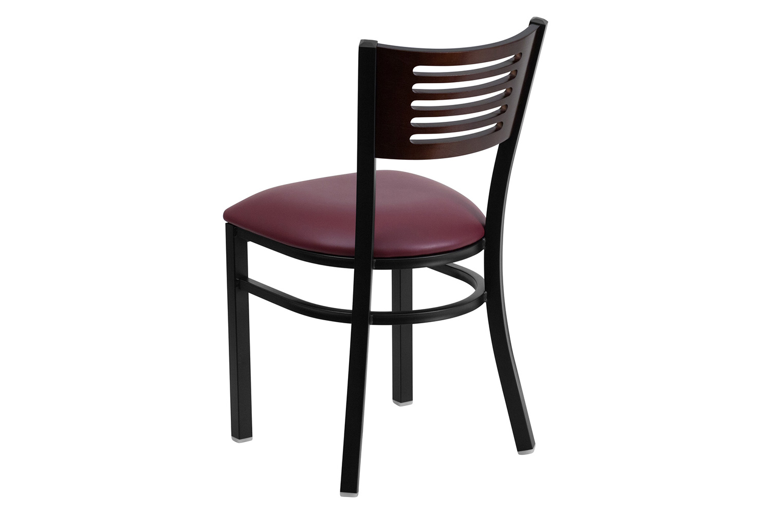 BLNK HERCULES Series Black Metal Slat Back Restaurant Chair with Walnut Wood Back and Vinyl Seat - Burgundy