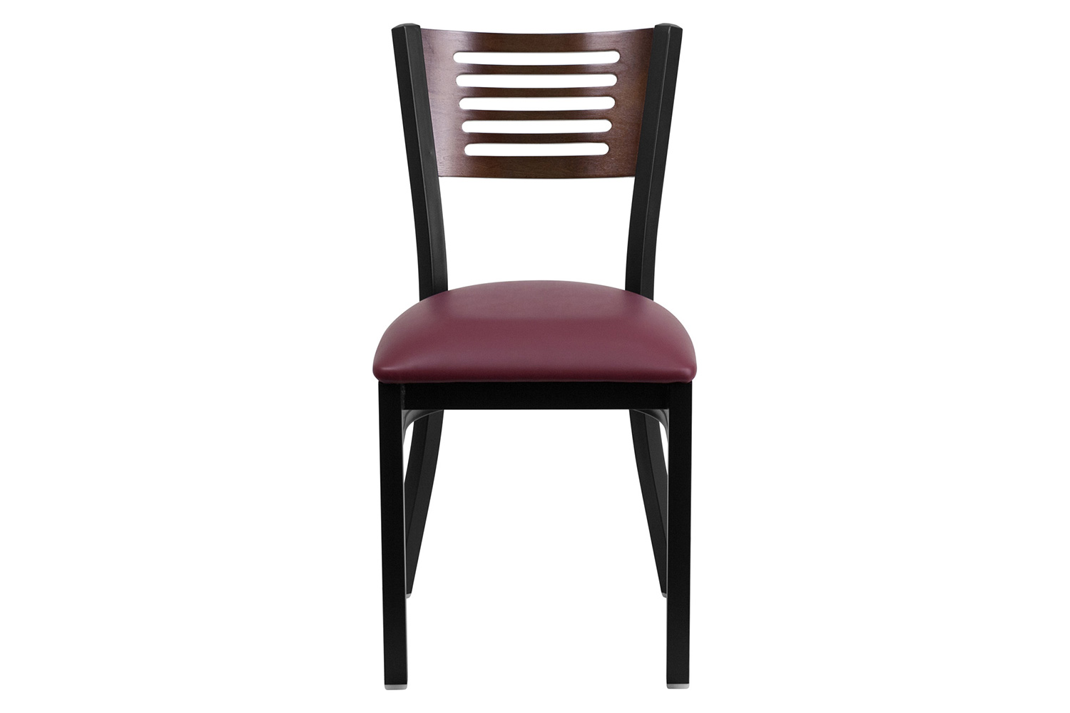 BLNK HERCULES Series Black Metal Slat Back Restaurant Chair with Walnut Wood Back and Vinyl Seat - Burgundy