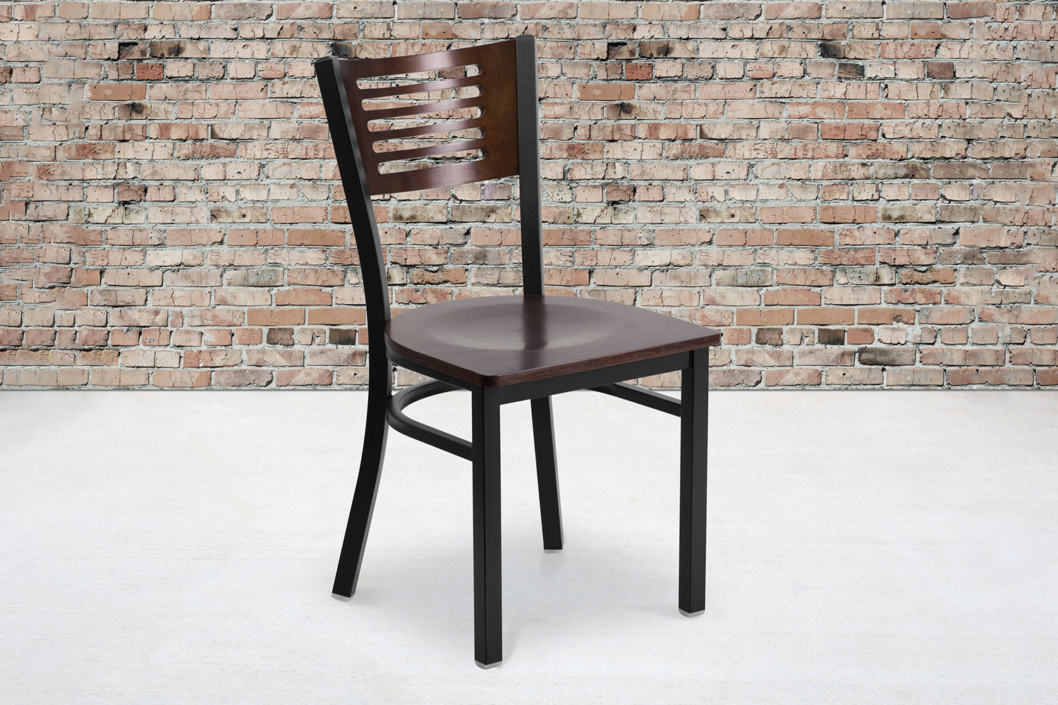 BLNK HERCULES Series Black Metal Slat Back Restaurant Chair with Wood Back and Seat