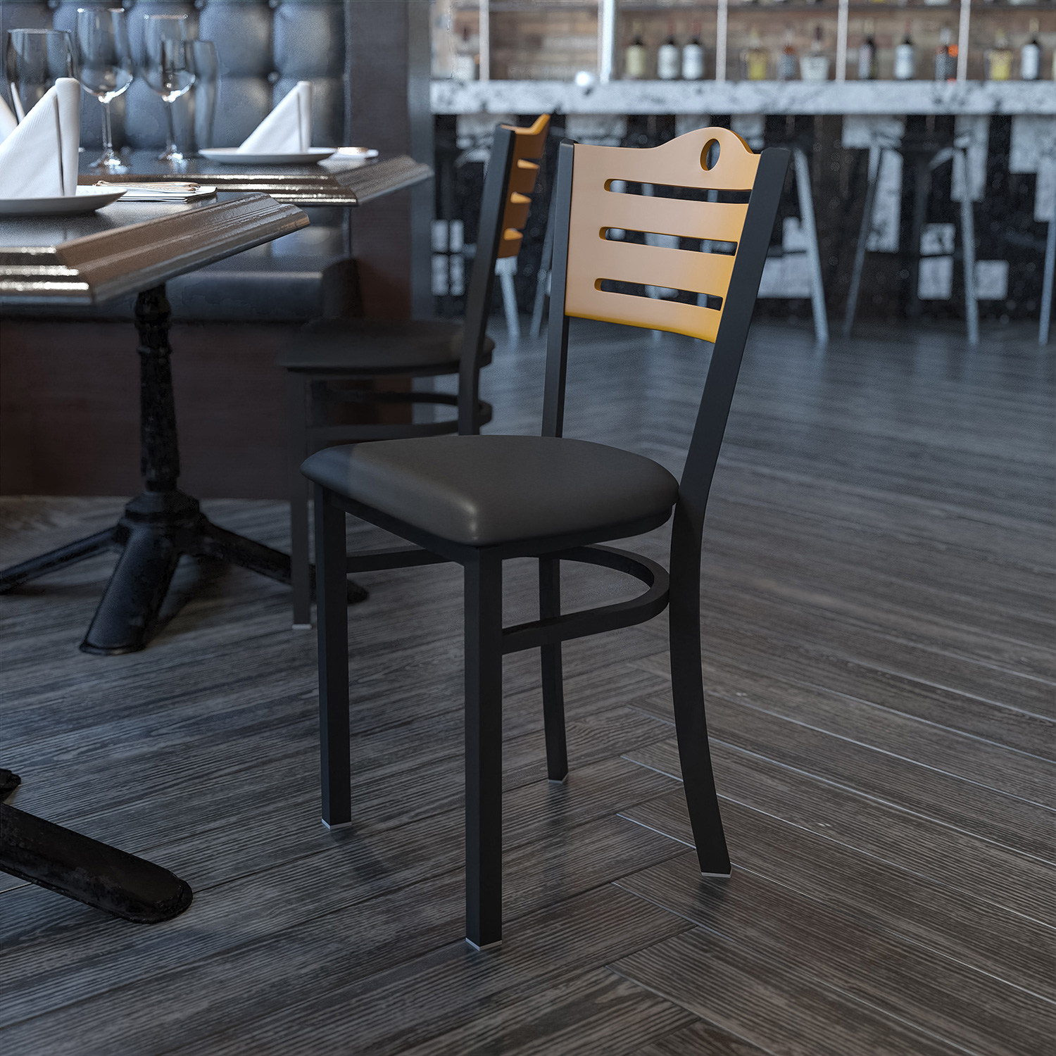 BLNK HERCULES Series Black Metal Slat Back Restaurant Chair with Natural Wood Back and Vinyl Seat