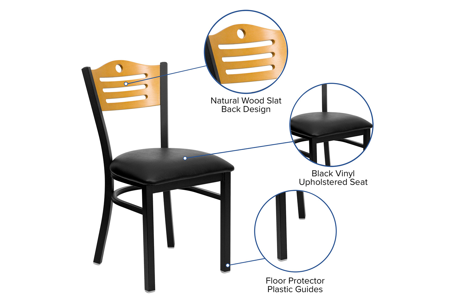 BLNK HERCULES Series Black Metal Slat Back Restaurant Chair with Natural Wood Back and Vinyl Seat - Black