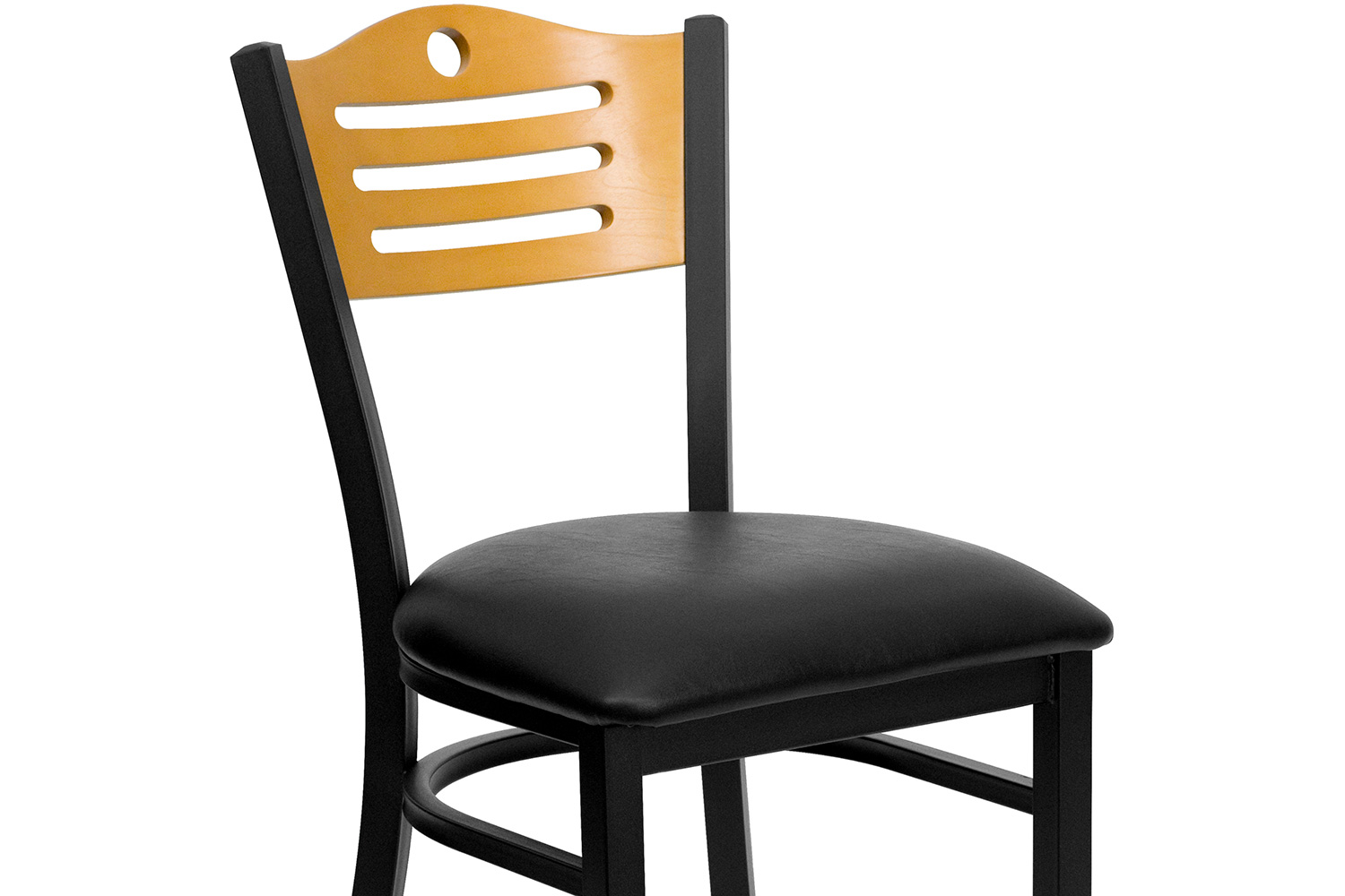 BLNK HERCULES Series Black Metal Slat Back Restaurant Chair with Natural Wood Back and Vinyl Seat - Black