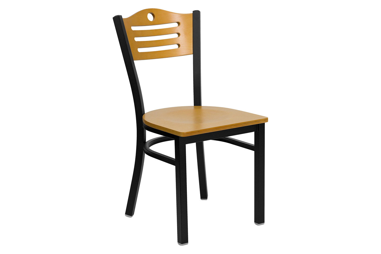 BLNK HERCULES Series Black Metal Slat Back Restaurant Chair with Wood Back and Seat - Natural