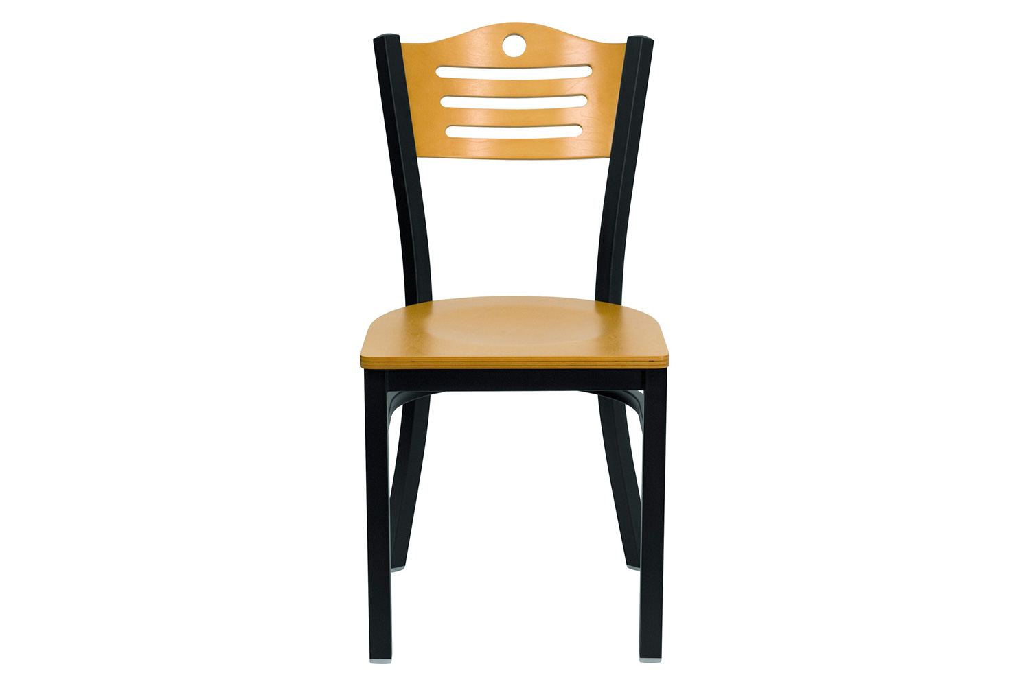 BLNK HERCULES Series Black Metal Slat Back Restaurant Chair with Wood Back and Seat - Natural