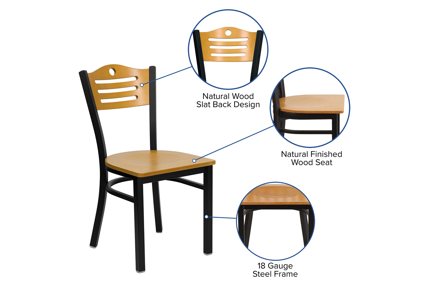 BLNK HERCULES Series Black Metal Slat Back Restaurant Chair with Wood Back and Seat - Natural