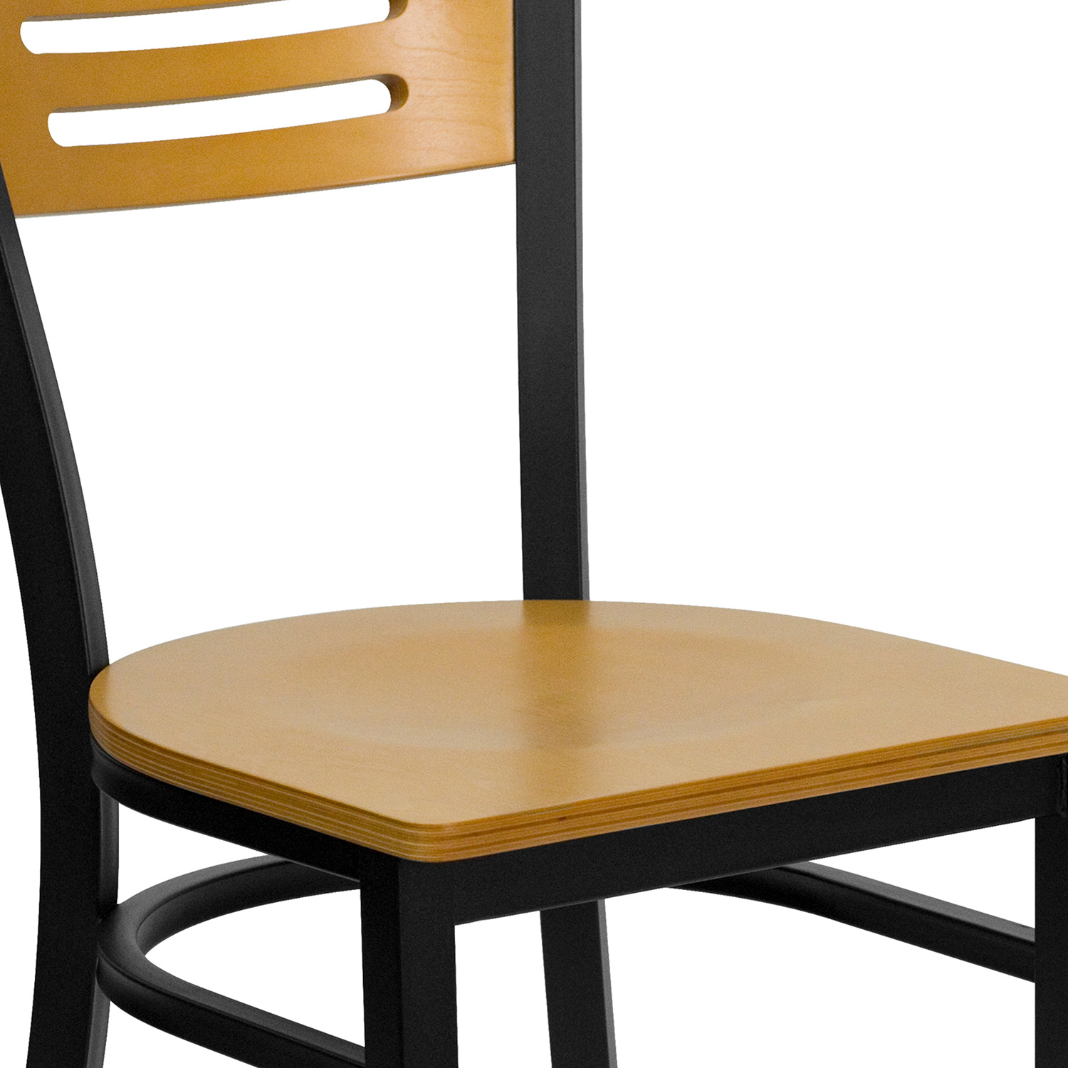 BLNK HERCULES Series Black Metal Slat Back Restaurant Chair with Wood Back and Seat - Natural