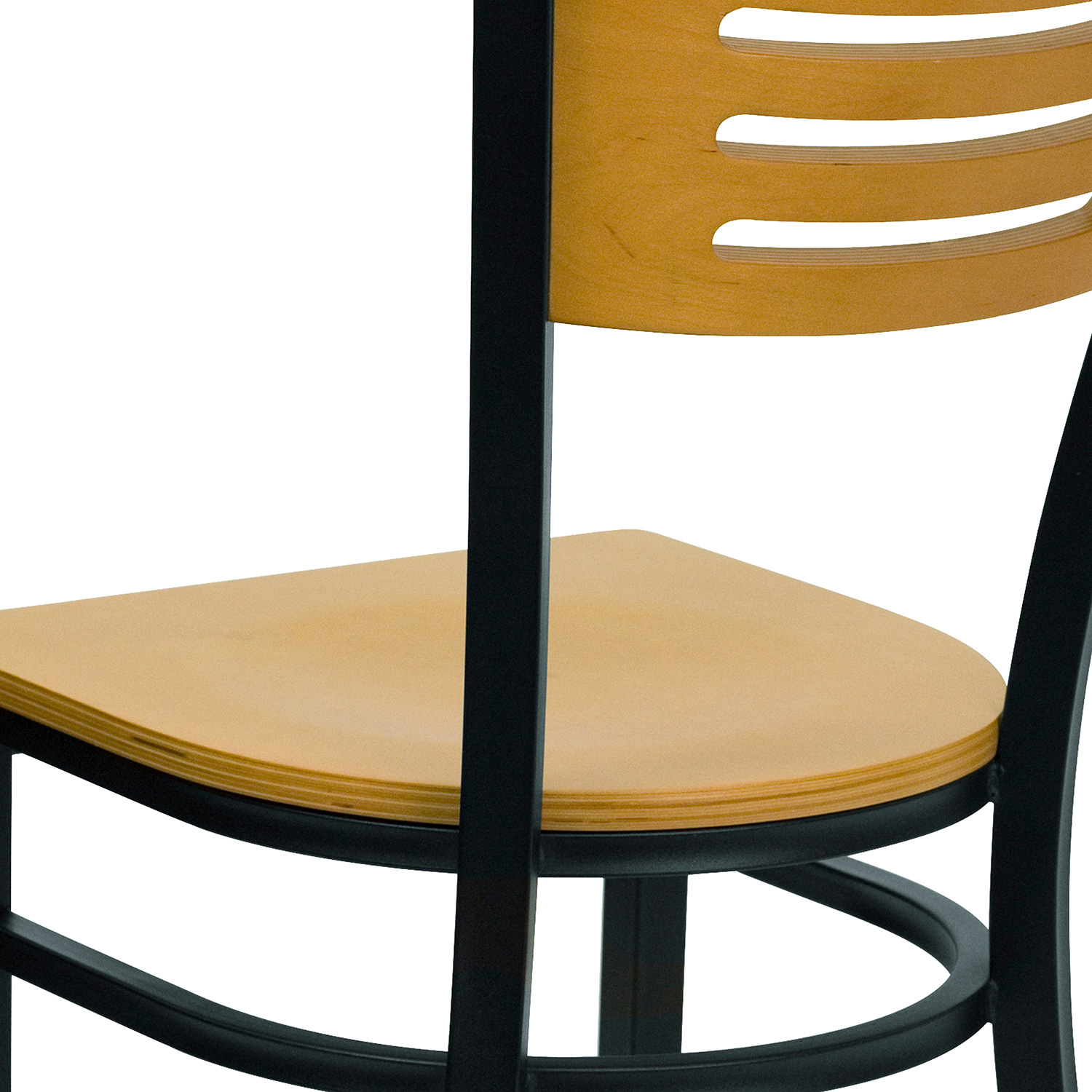 BLNK HERCULES Series Black Metal Slat Back Restaurant Chair with Wood Back and Seat - Natural