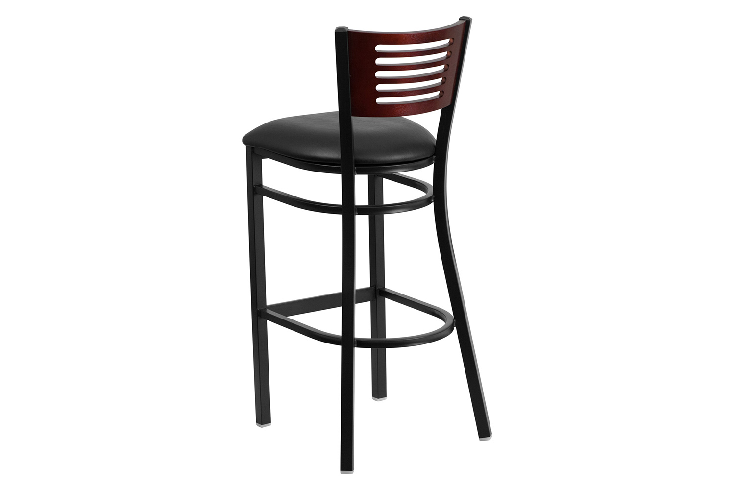 BLNK HERCULES Series Black Metal Slat Back Restaurant Bar Stool with Mahogany Wood Back and Vinyl Seat - Black