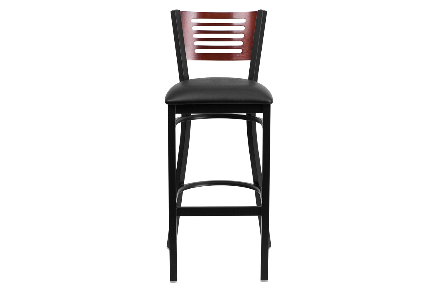 BLNK HERCULES Series Black Metal Slat Back Restaurant Bar Stool with Mahogany Wood Back and Vinyl Seat - Black