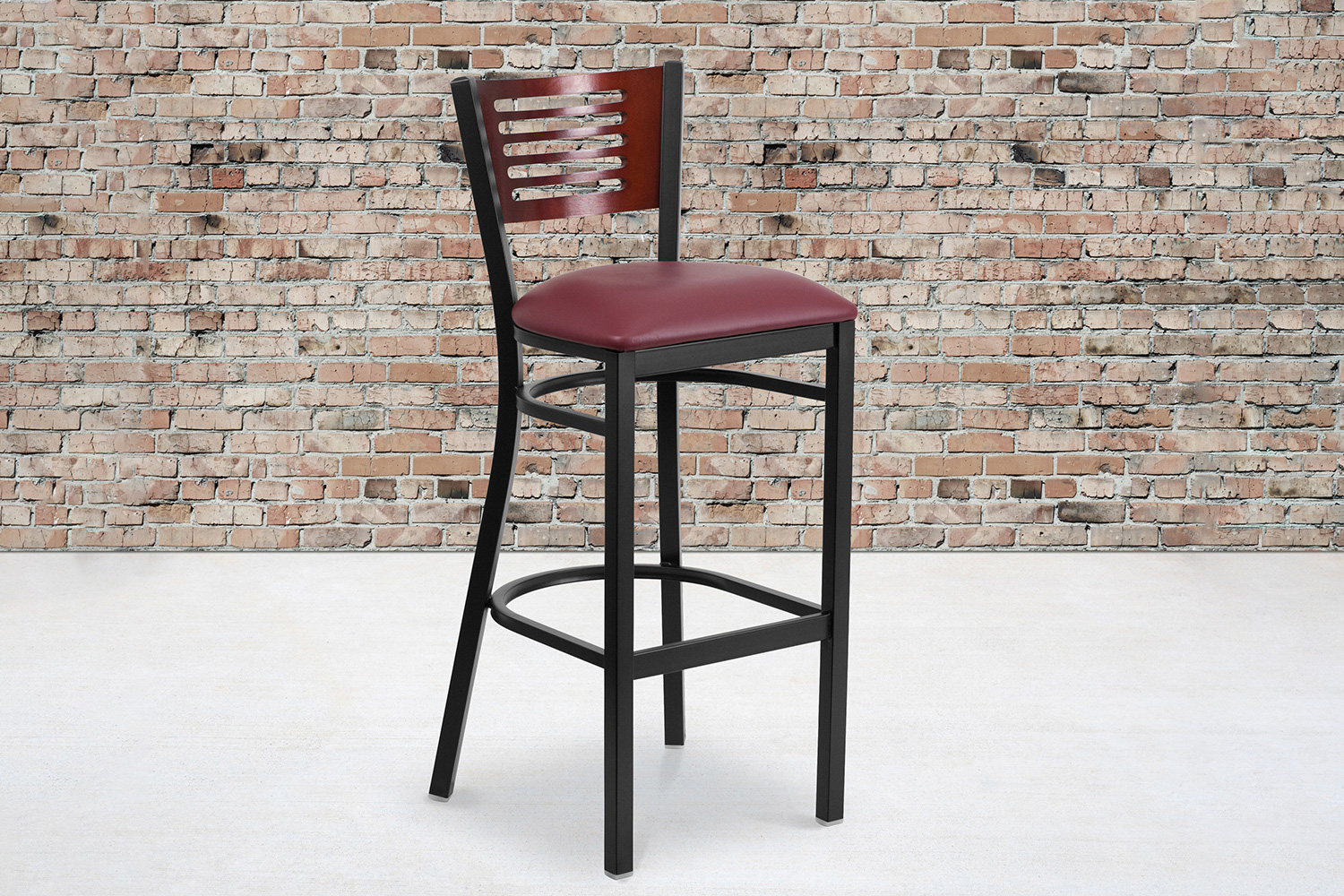 BLNK HERCULES Series Black Metal Slat Back Restaurant Bar Stool with Mahogany Wood Back and Vinyl Seat