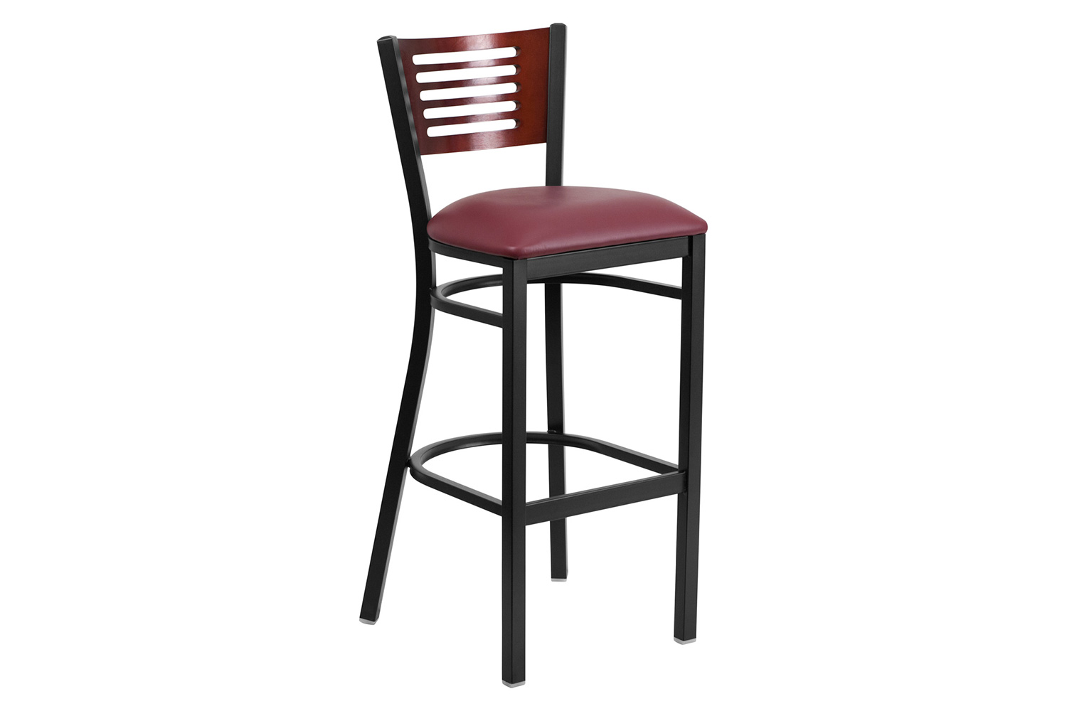 BLNK HERCULES Series Black Metal Slat Back Restaurant Bar Stool with Mahogany Wood Back and Vinyl Seat - Burgundy