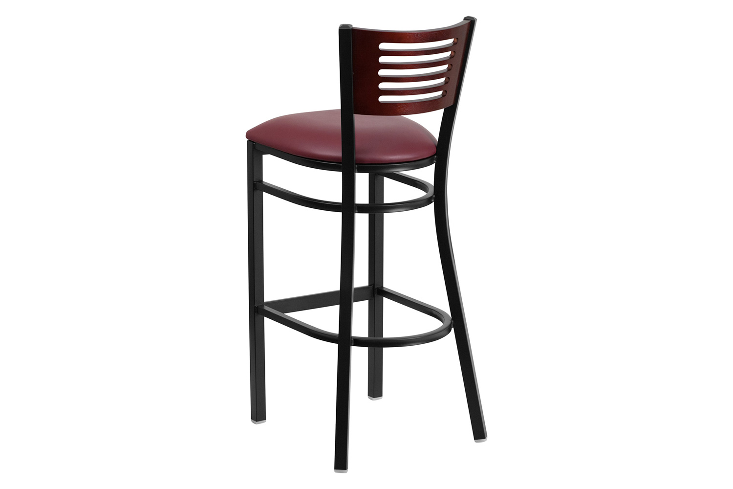 BLNK HERCULES Series Black Metal Slat Back Restaurant Bar Stool with Mahogany Wood Back and Vinyl Seat - Burgundy