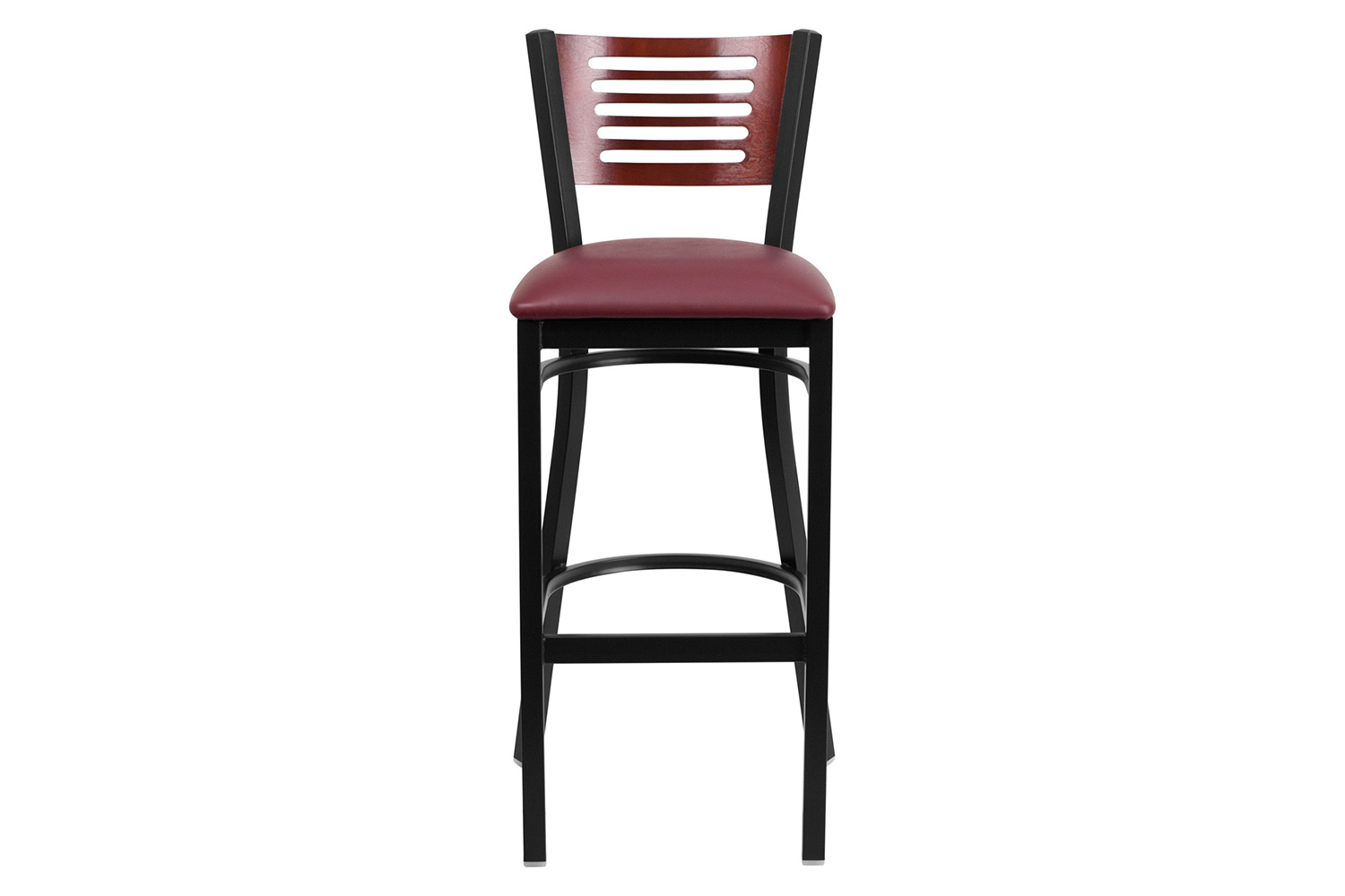 BLNK HERCULES Series Black Metal Slat Back Restaurant Bar Stool with Mahogany Wood Back and Vinyl Seat - Burgundy