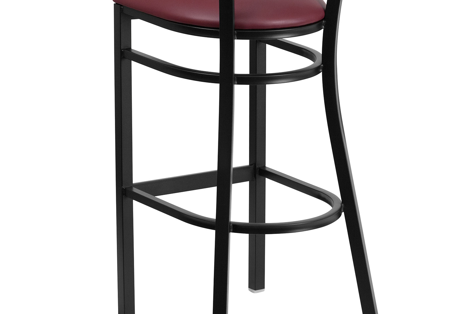 BLNK HERCULES Series Black Metal Slat Back Restaurant Bar Stool with Mahogany Wood Back and Vinyl Seat - Burgundy