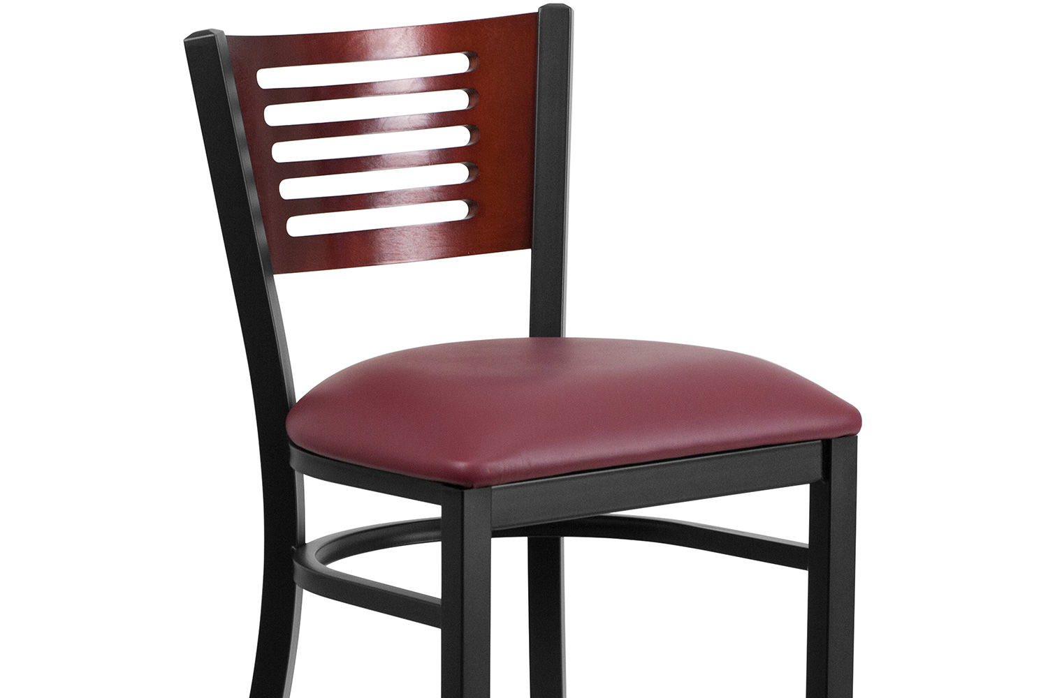 BLNK HERCULES Series Black Metal Slat Back Restaurant Bar Stool with Mahogany Wood Back and Vinyl Seat - Burgundy