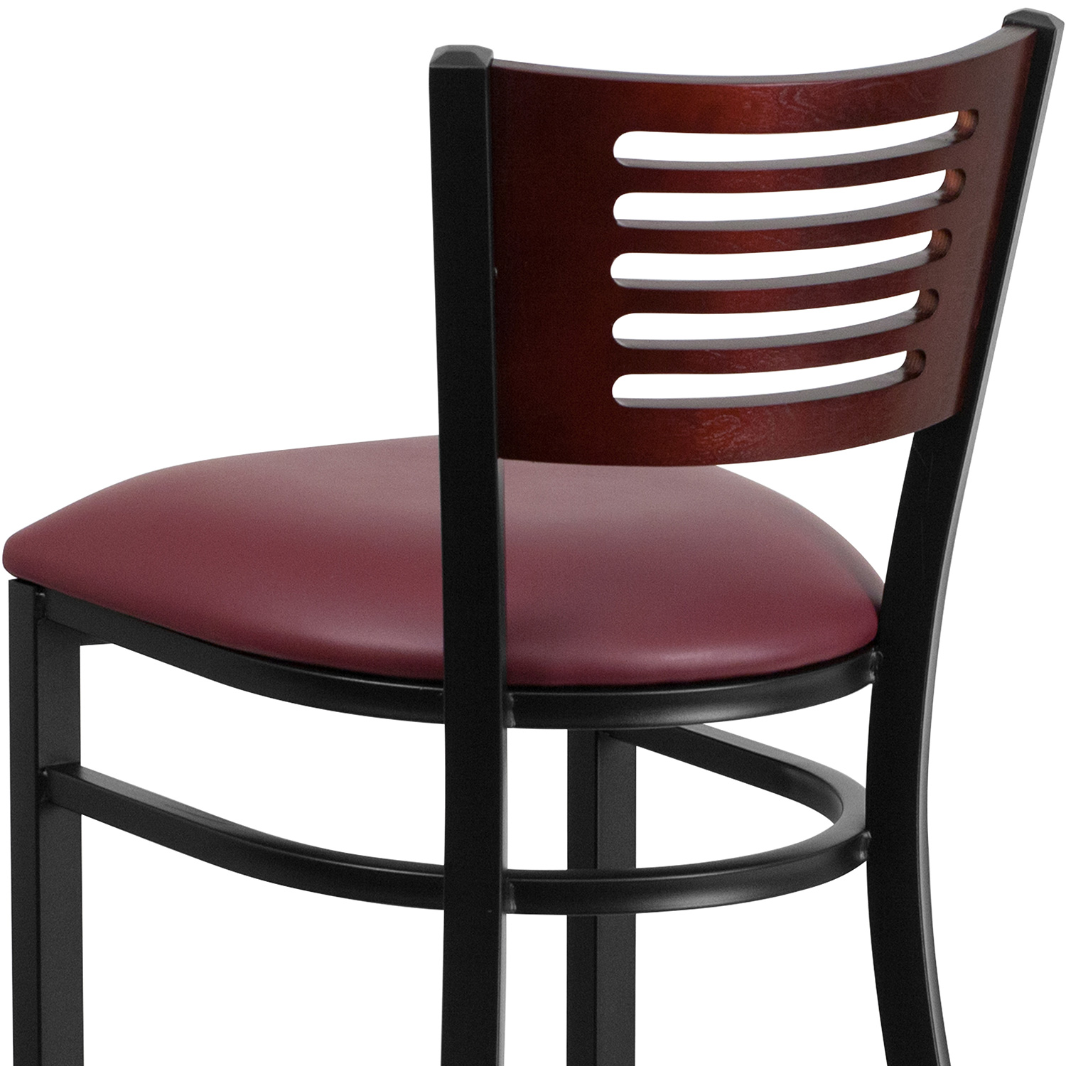 BLNK HERCULES Series Black Metal Slat Back Restaurant Bar Stool with Mahogany Wood Back and Vinyl Seat - Burgundy