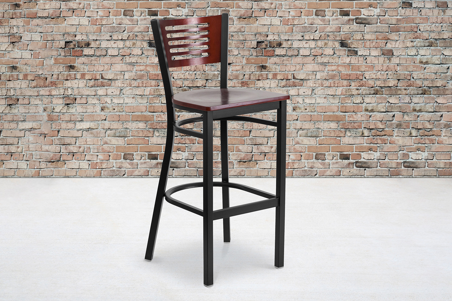 BLNK HERCULES Series Black Metal Slat Back Restaurant Bar Stool with Mahogany Wood Back and Seat