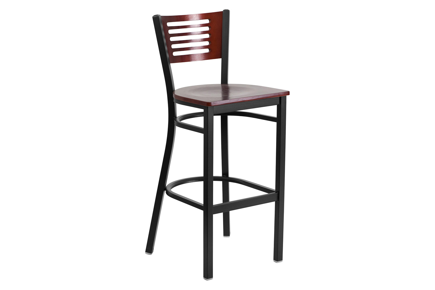 BLNK HERCULES Series Black Metal Slat Back Restaurant Bar Stool with Mahogany Wood Back and Seat