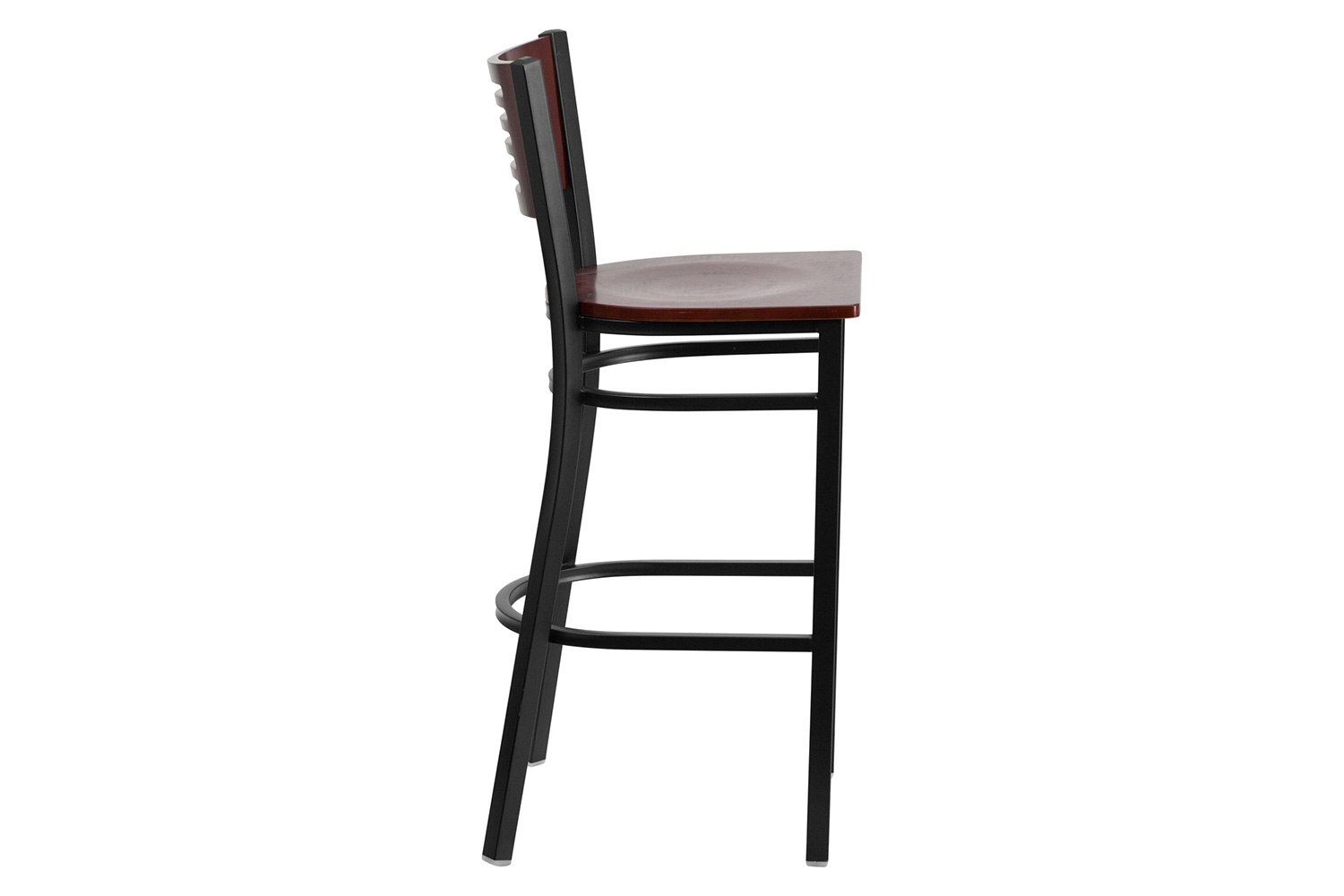 BLNK HERCULES Series Black Metal Slat Back Restaurant Bar Stool with Mahogany Wood Back and Seat