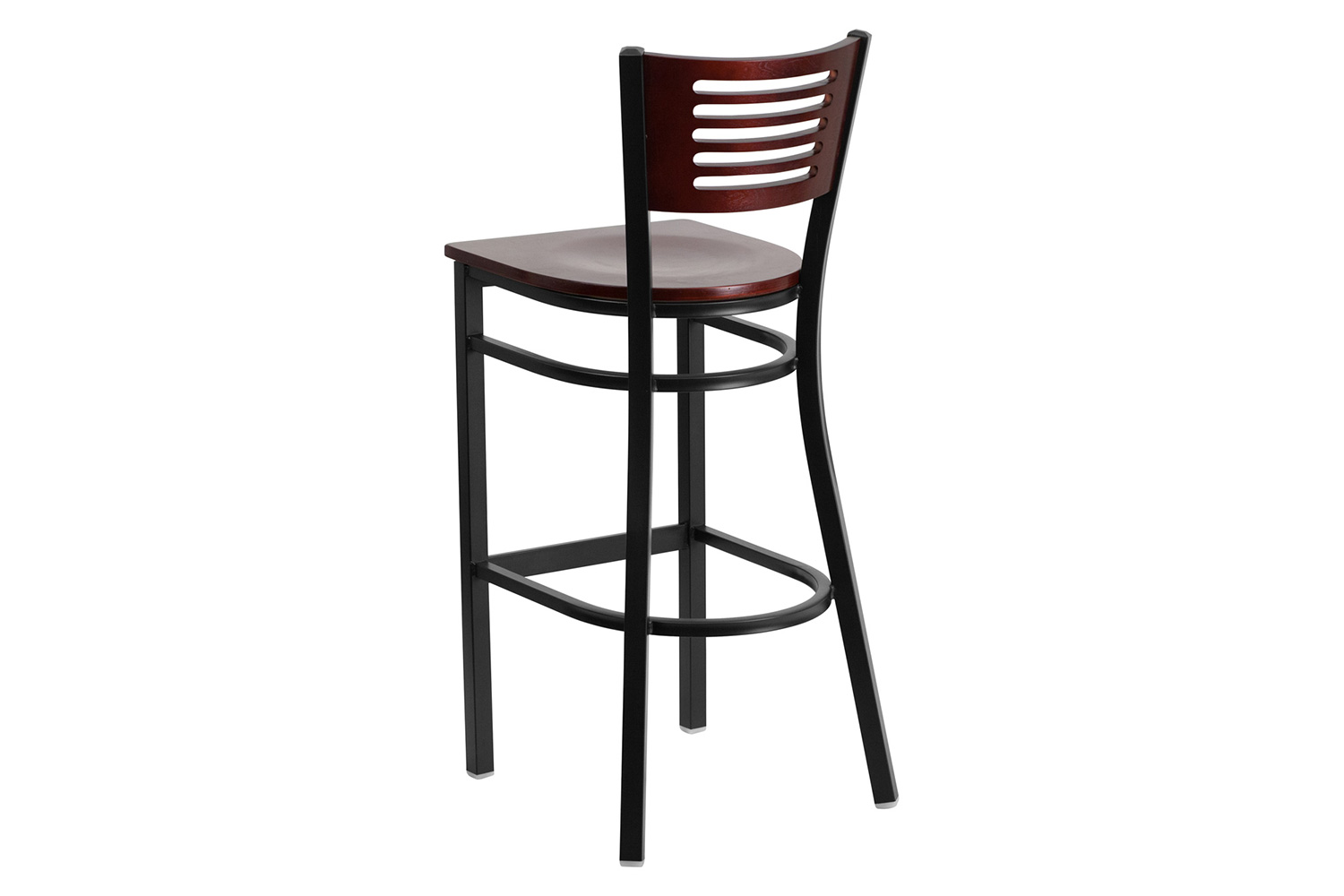 BLNK HERCULES Series Black Metal Slat Back Restaurant Bar Stool with Mahogany Wood Back and Seat