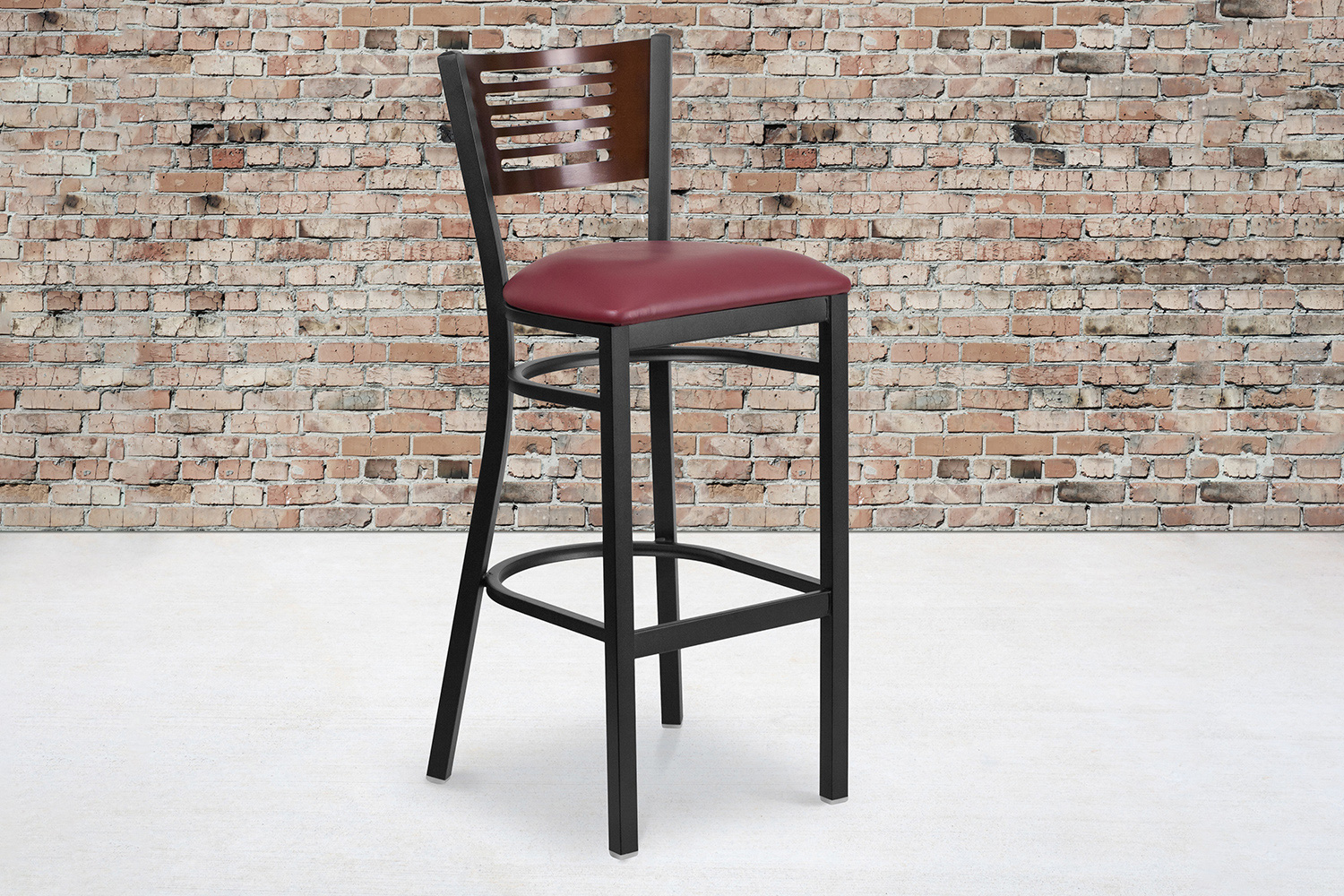 BLNK HERCULES Series Black Metal Slat Back Restaurant Bar Stool with Walnut Wood Back and Vinyl Seat