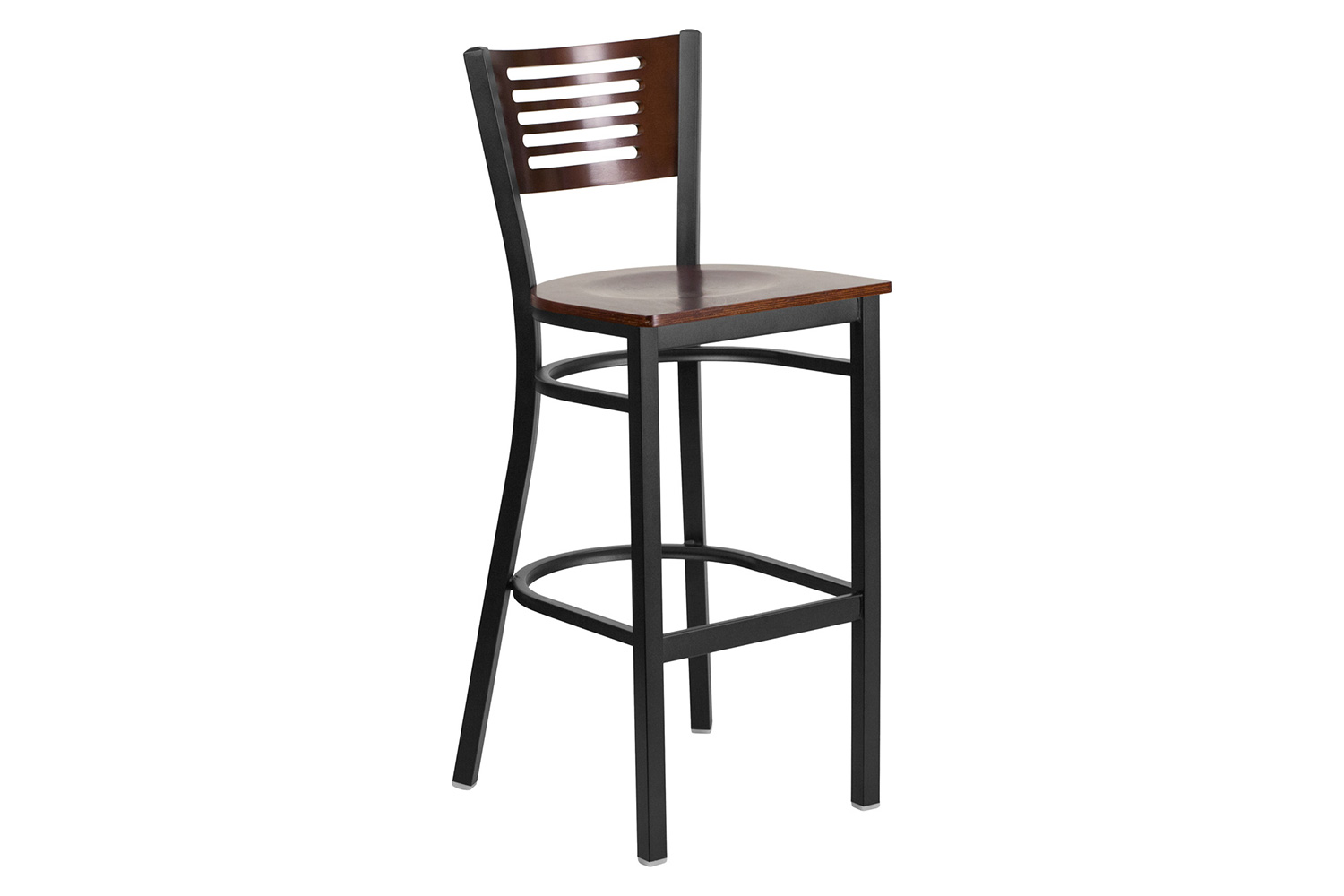 BLNK HERCULES Series Black Metal Slat Back Restaurant Bar Stool with Mahogany Wood Back and Seat