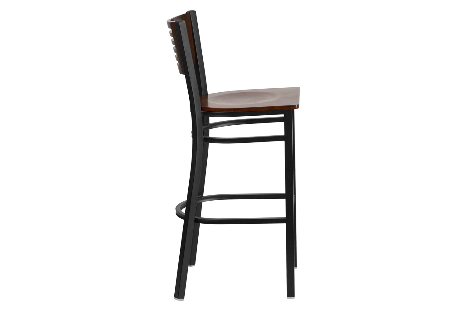 BLNK HERCULES Series Black Metal Slat Back Restaurant Bar Stool with Walnut Wood Back and Seat