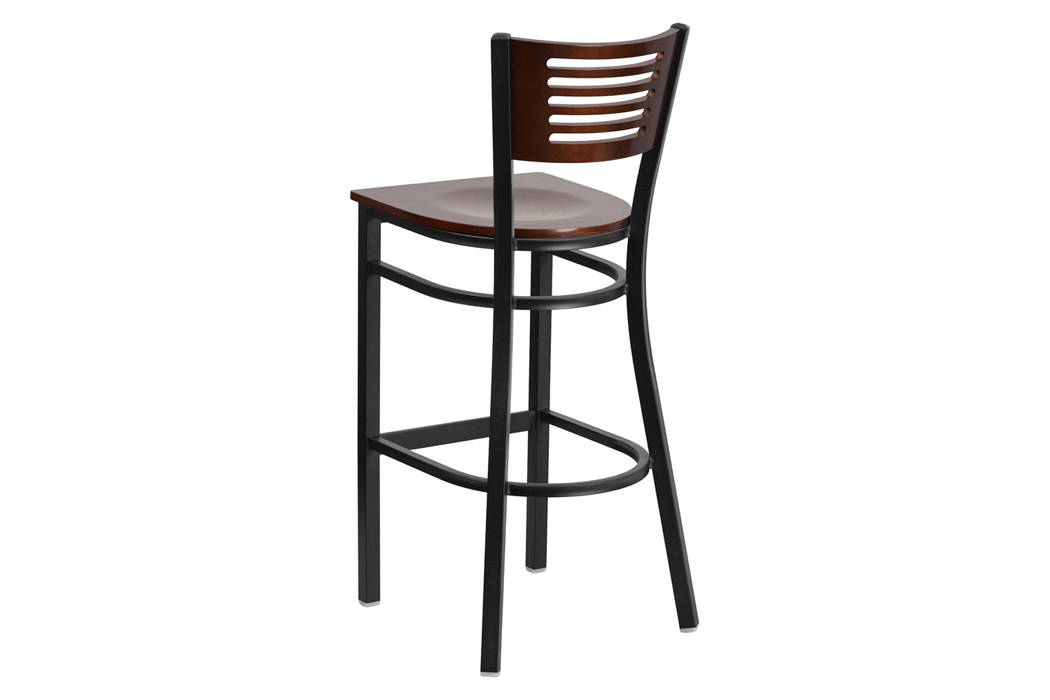 BLNK HERCULES Series Black Metal Slat Back Restaurant Bar Stool with Walnut Wood Back and Seat