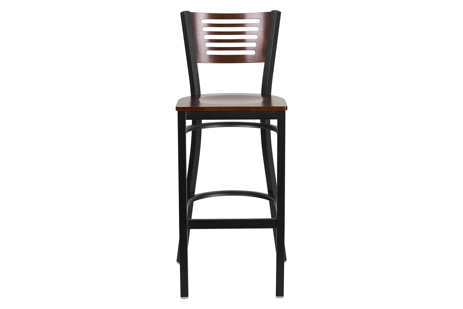 BLNK HERCULES Series Black Metal Slat Back Restaurant Bar Stool with Walnut Wood Back and Seat