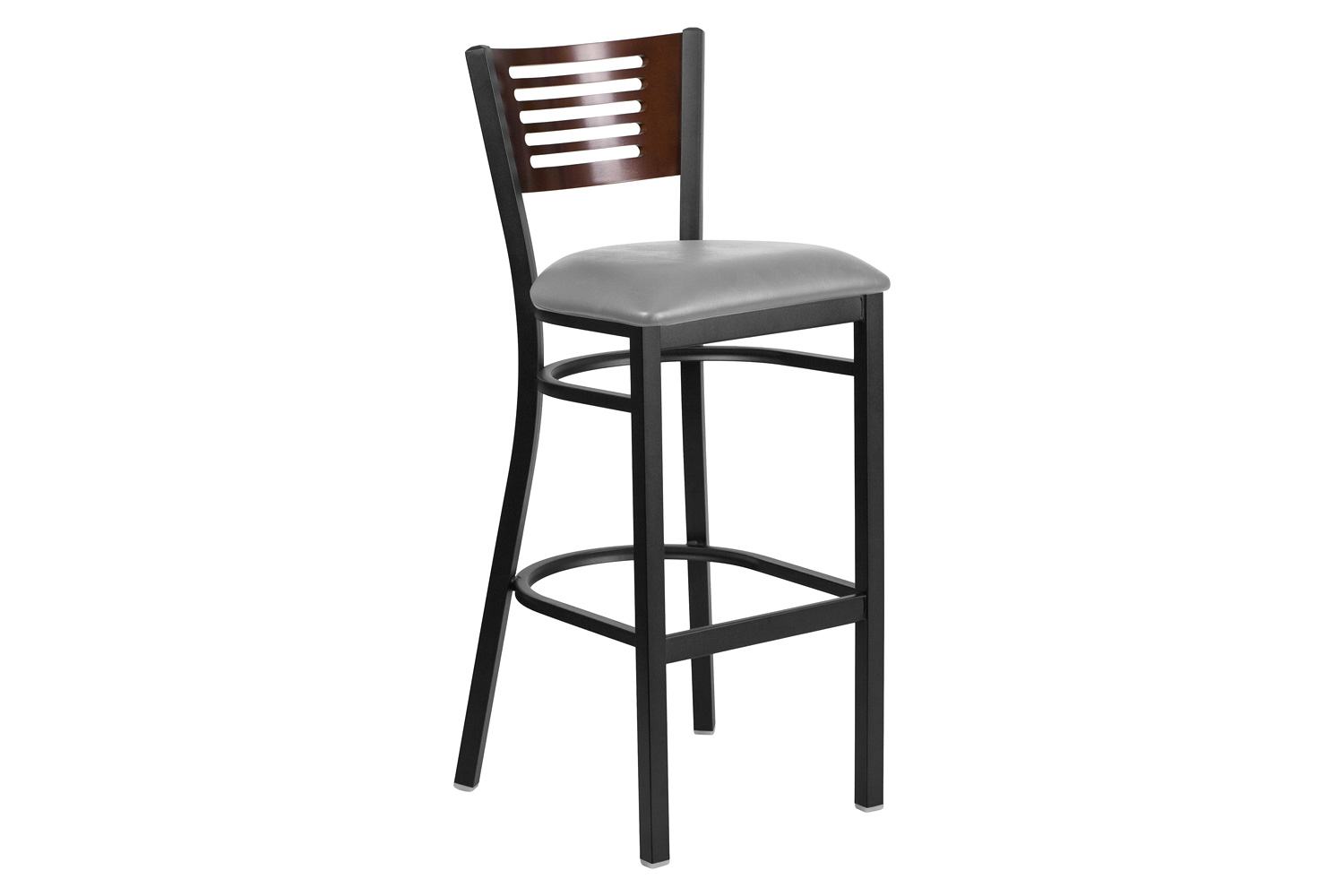 BLNK HERCULES Series Black Metal Slat Back Restaurant Bar Stool with Wood Back and Custom Upholstered Seat