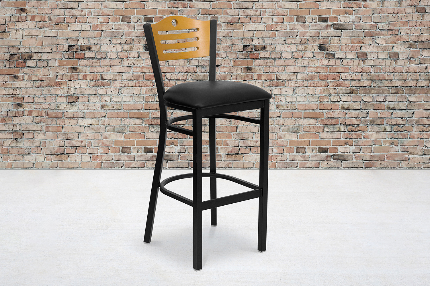 BLNK HERCULES Series Black Metal Slat Back Restaurant Bar Stool with Natural Wood Back and Vinyl Seat