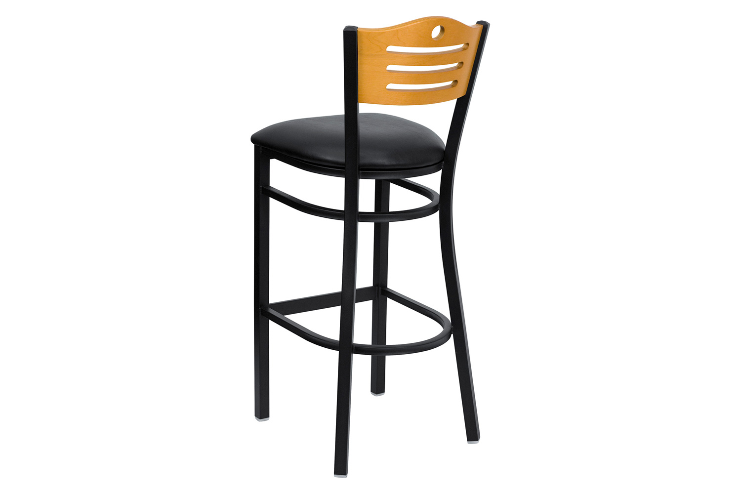 BLNK HERCULES Series Black Metal Slat Back Restaurant Bar Stool with Natural Wood Back and Vinyl Seat - Black