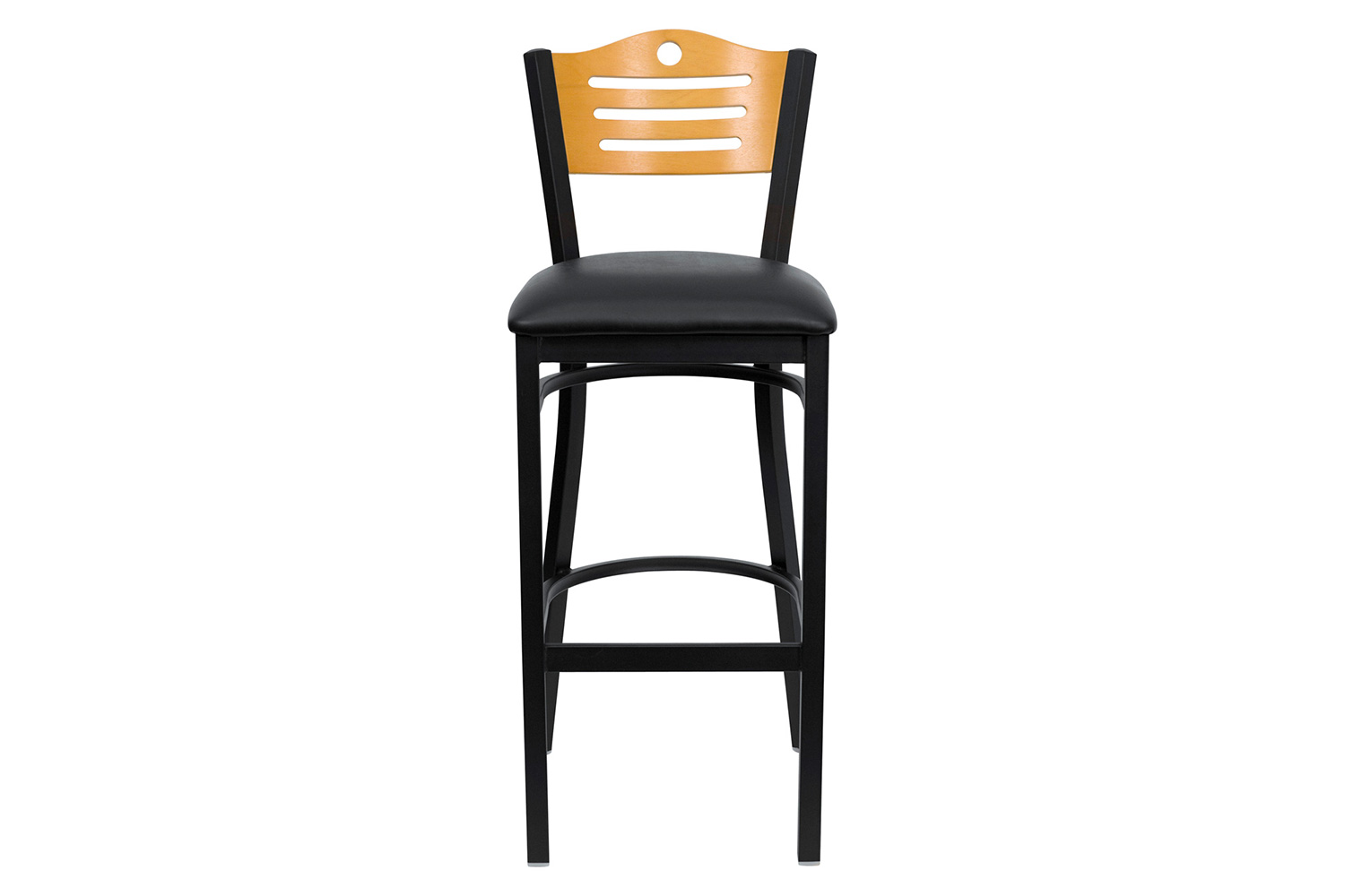 BLNK HERCULES Series Black Metal Slat Back Restaurant Bar Stool with Natural Wood Back and Vinyl Seat - Black