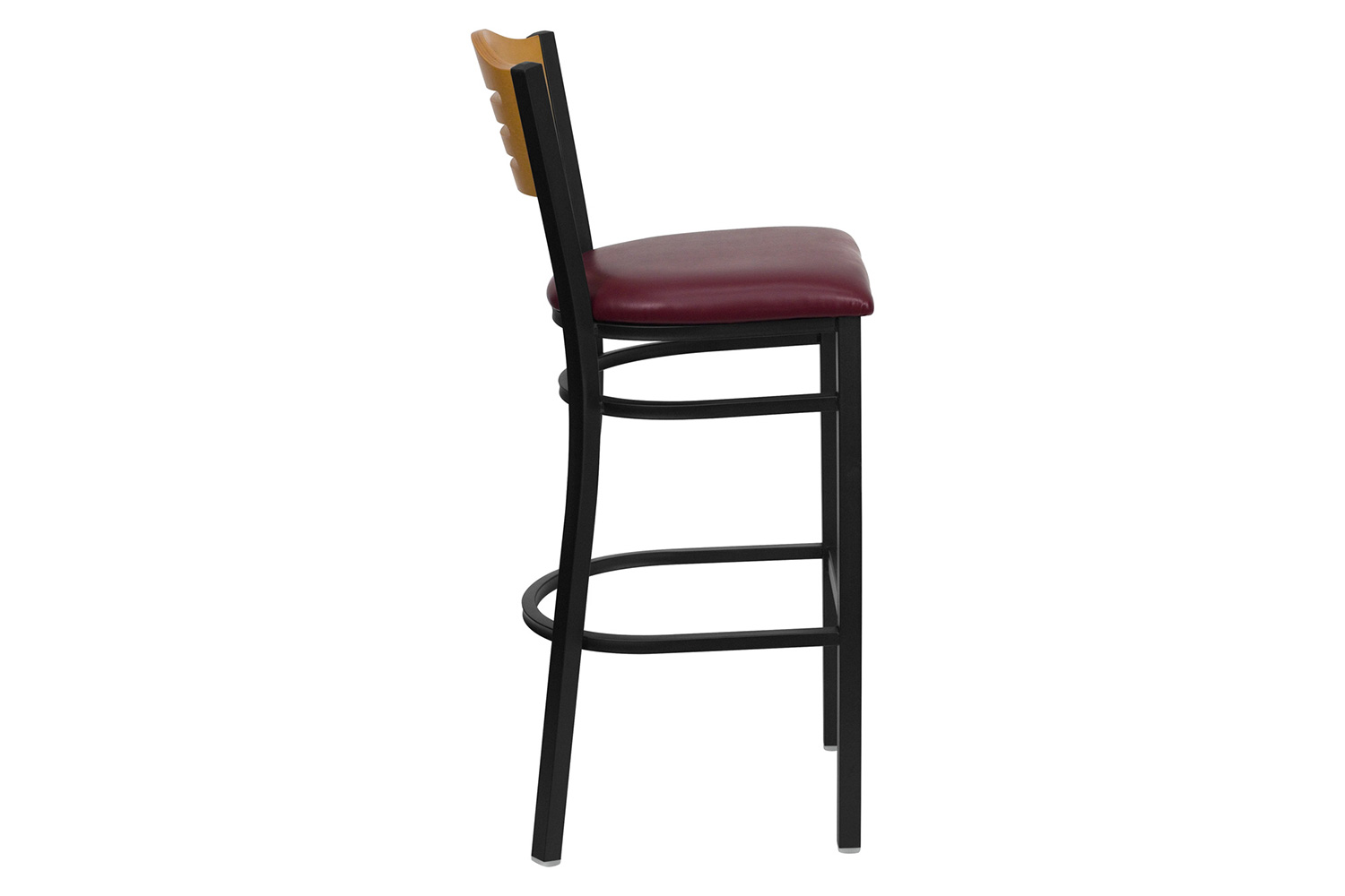 BLNK HERCULES Series Black Metal Slat Back Restaurant Bar Stool with Natural Wood Back and Vinyl Seat - Burgundy