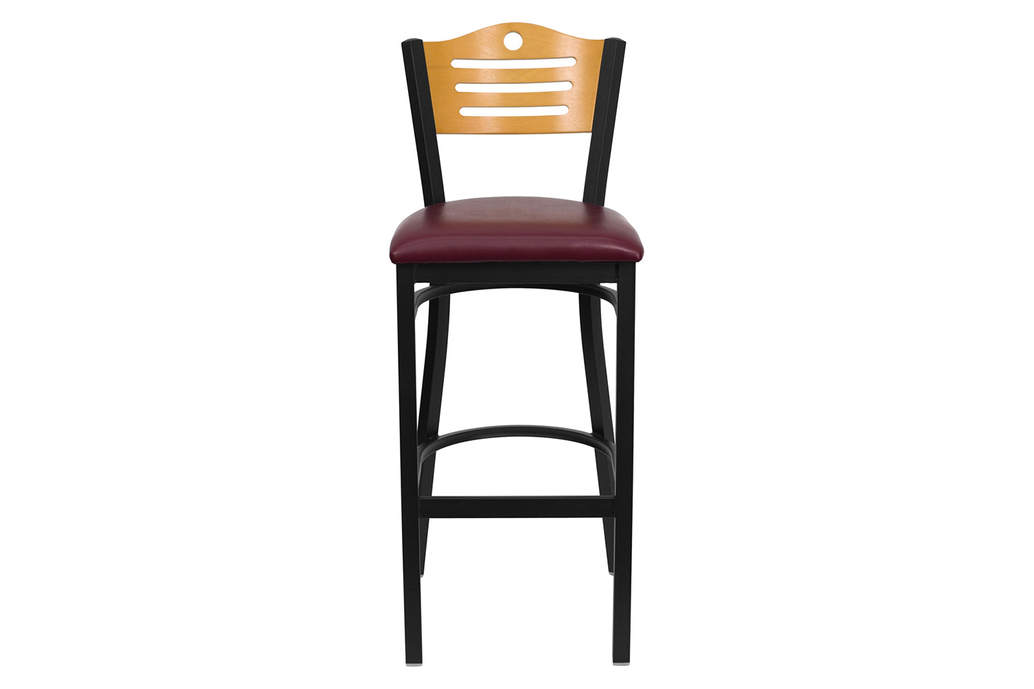 BLNK HERCULES Series Black Metal Slat Back Restaurant Bar Stool with Natural Wood Back and Vinyl Seat - Burgundy