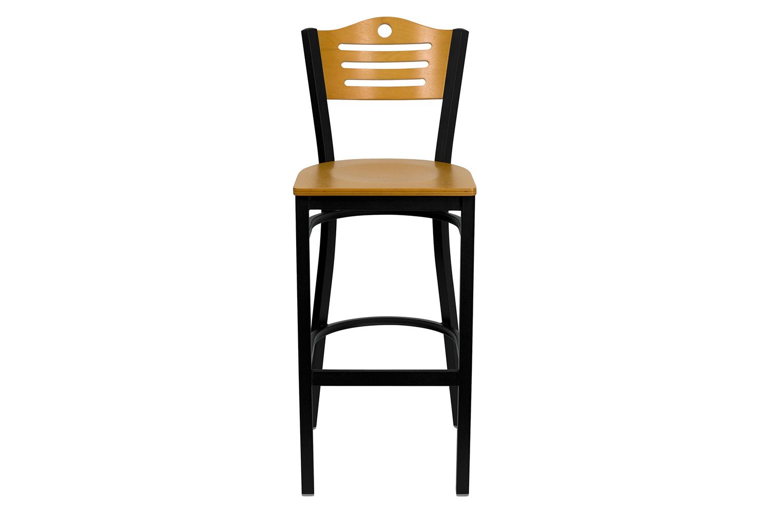 BLNK - HERCULES Series Black Metal Slat Back Restaurant Bar Stool with Natural Wood Back and Seat