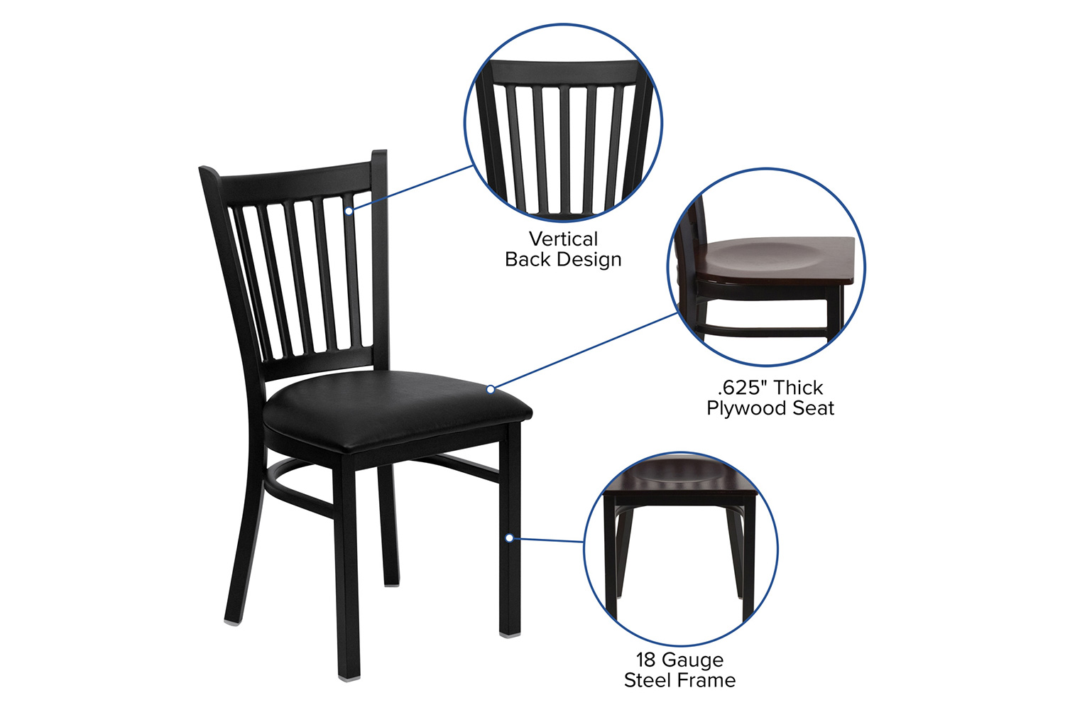 BLNK HERCULES Series Black Metal Vertical Back Restaurant Chair with Wood Seat - Walnut