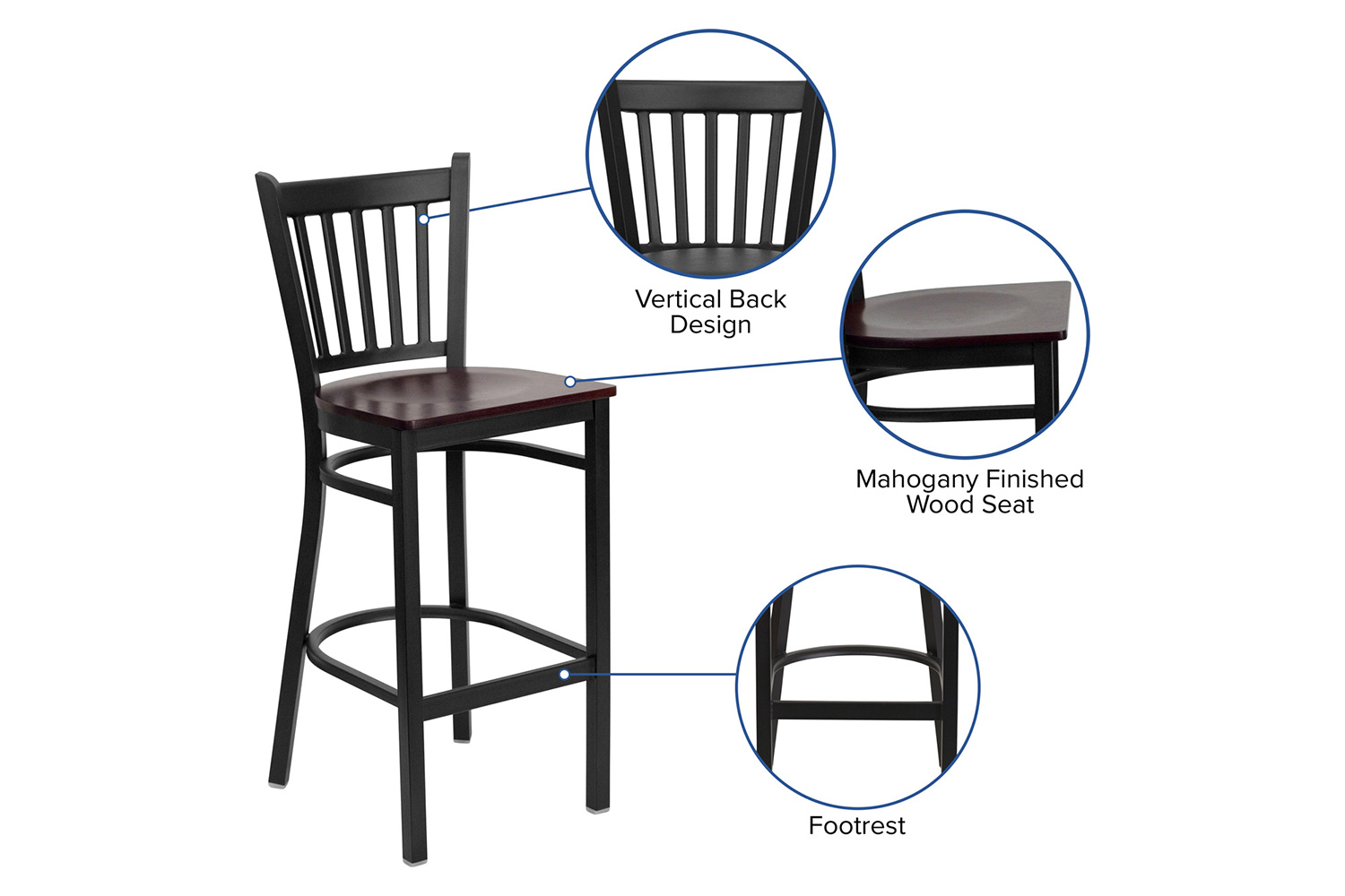 BLNK HERCULES Series Black Metal Vertical Back Restaurant Bar Stool with Wood Seat - Mahogany