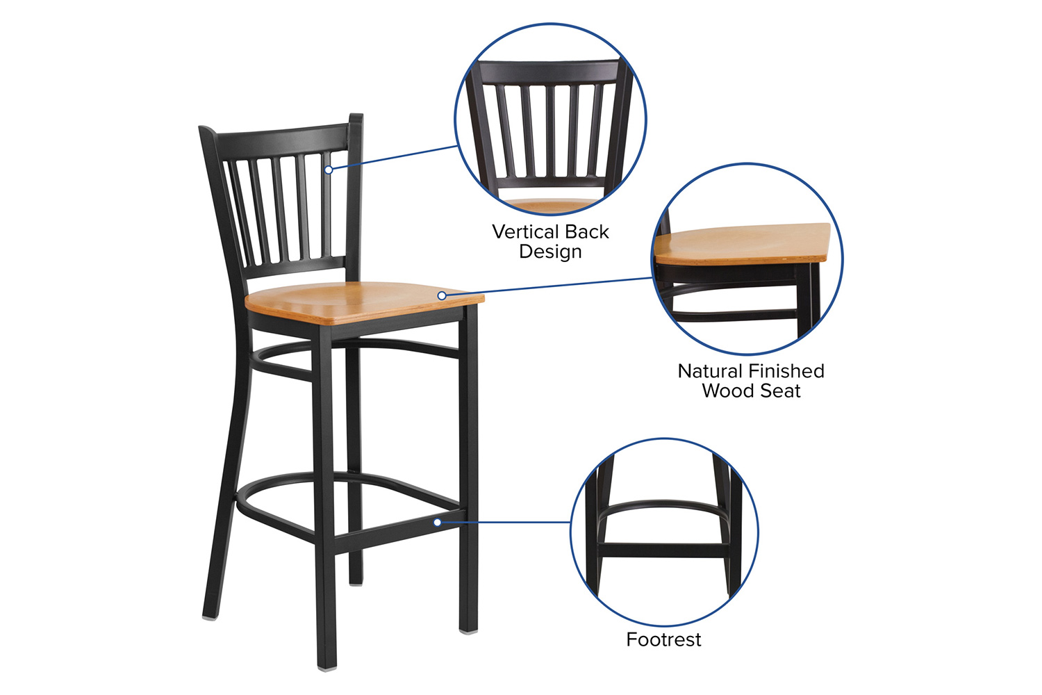 BLNK HERCULES Series Black Metal Vertical Back Restaurant Bar Stool with Wood Seat - Natural