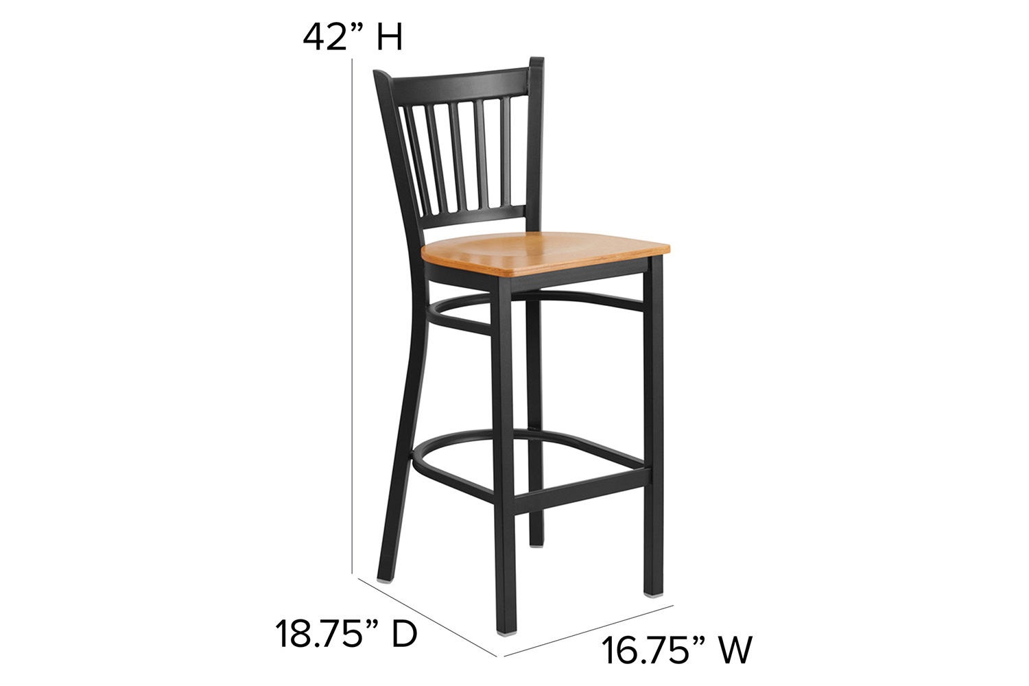 BLNK HERCULES Series Black Metal Vertical Back Restaurant Bar Stool with Wood Seat - Natural