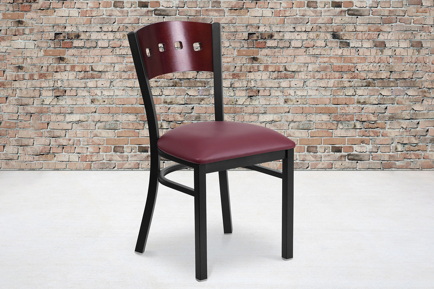 BLNK HERCULES Series Black Metal 4 Square Back Restaurant Chair with Mahogany Wood Back and Vinyl Seat