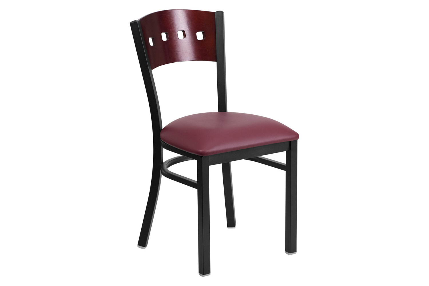 BLNK HERCULES Series Black Metal 4 Square Back Restaurant Chair with Mahogany Wood Back and Vinyl Seat - Burgundy