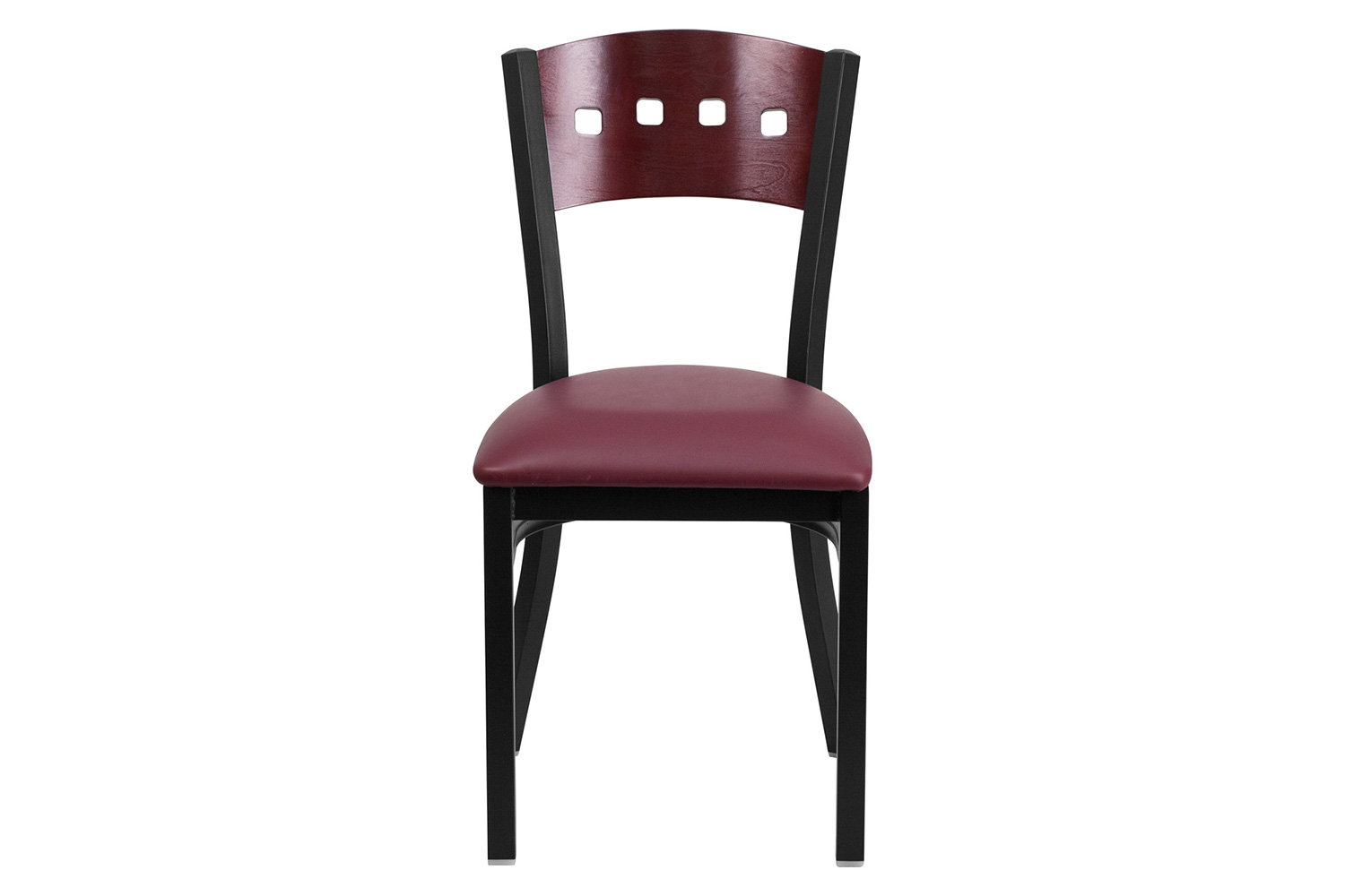 BLNK HERCULES Series Black Metal 4 Square Back Restaurant Chair with Mahogany Wood Back and Vinyl Seat - Burgundy