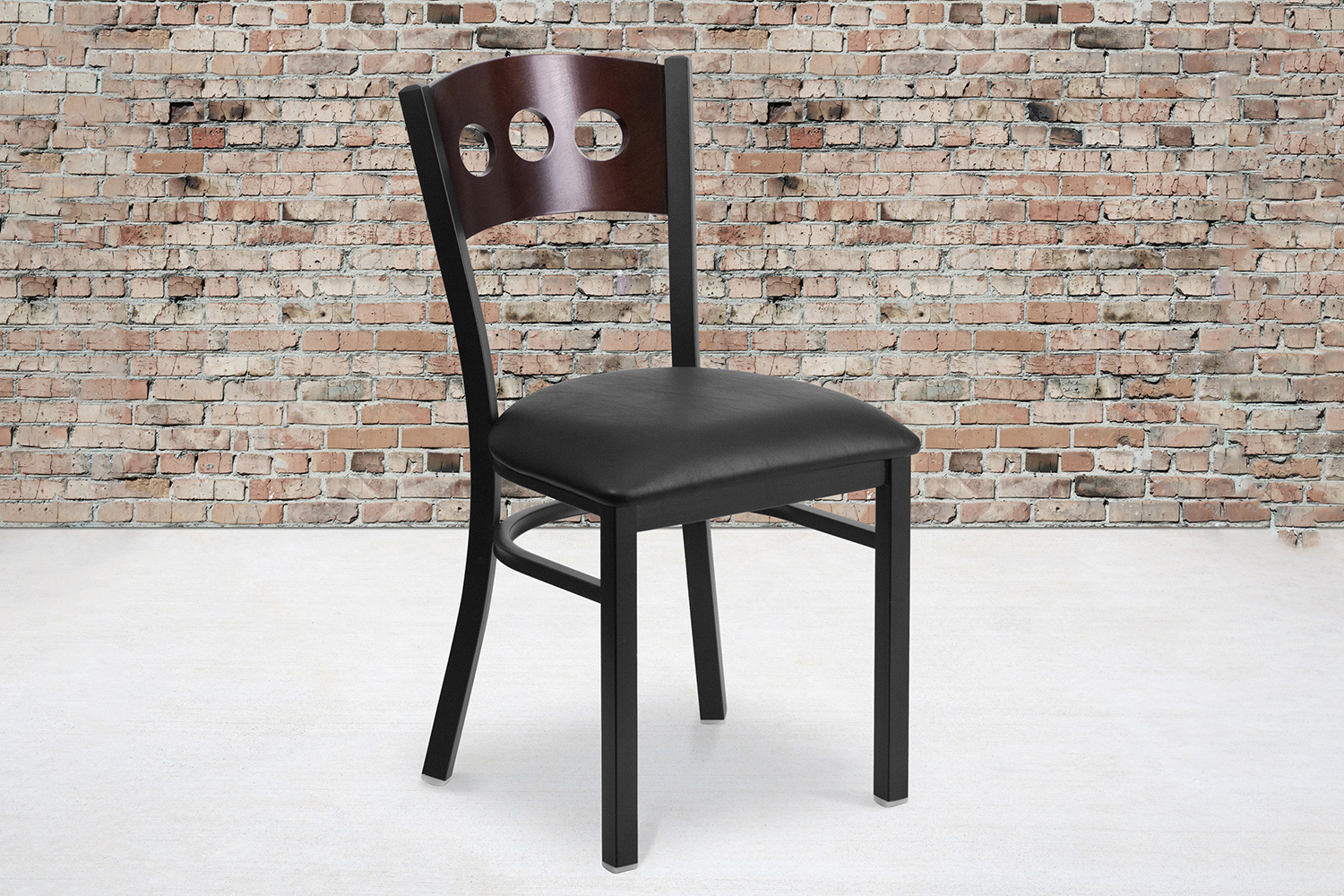 BLNK HERCULES Series Black Metal 3 Circle Back Restaurant Chair with Walnut Wood Back and Vinyl Seat