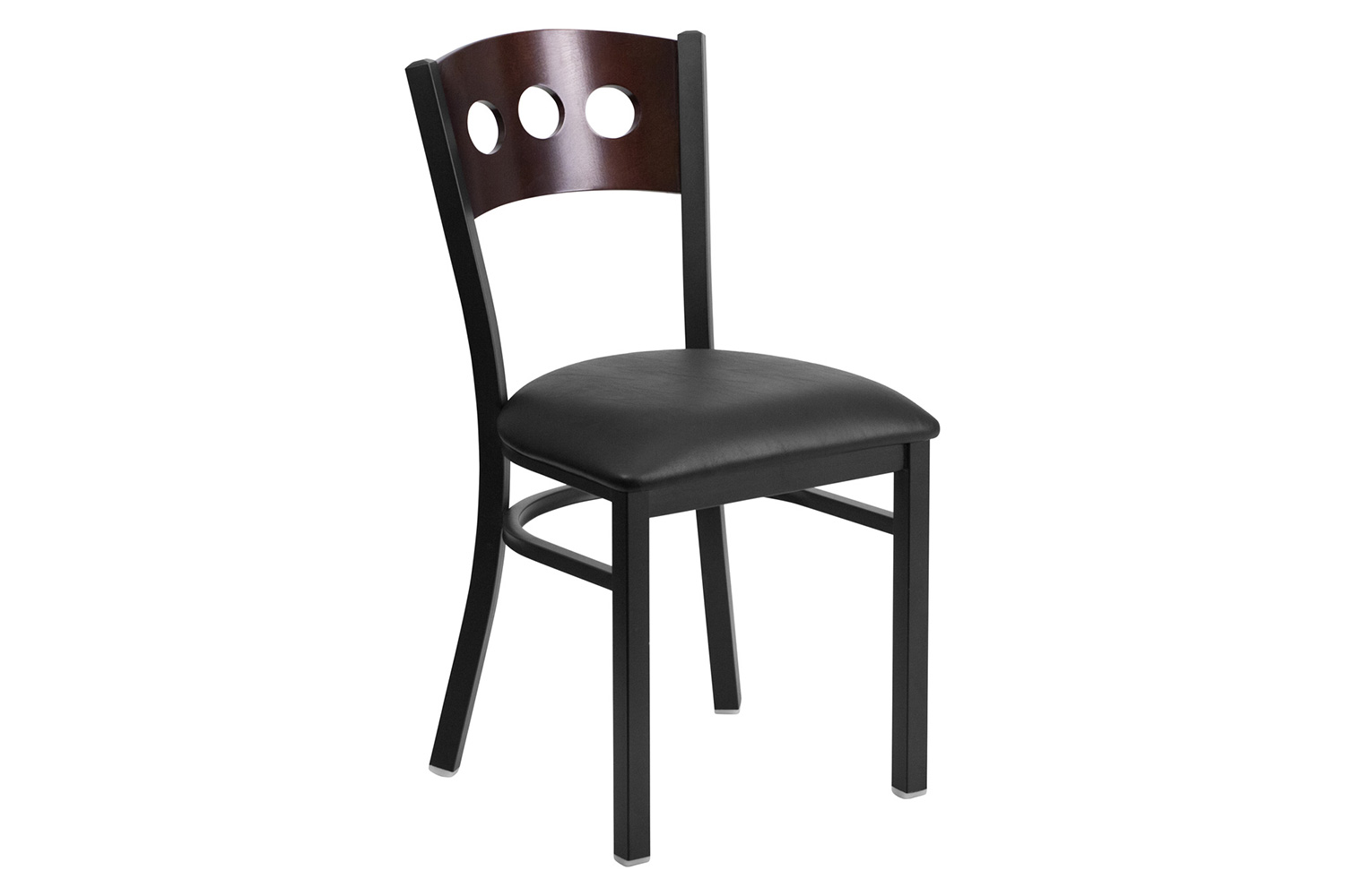 BLNK HERCULES Series Black Metal 3 Circle Back Restaurant Chair with Walnut Wood Back and Vinyl Seat - Black