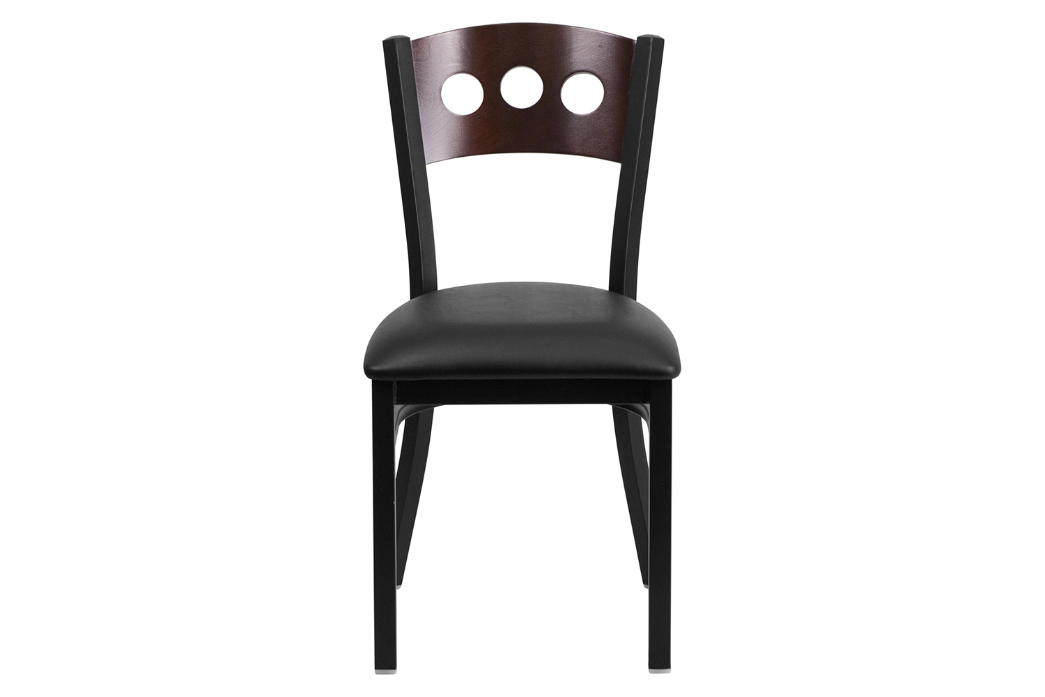 BLNK HERCULES Series Black Metal 3 Circle Back Restaurant Chair with Walnut Wood Back and Vinyl Seat - Black