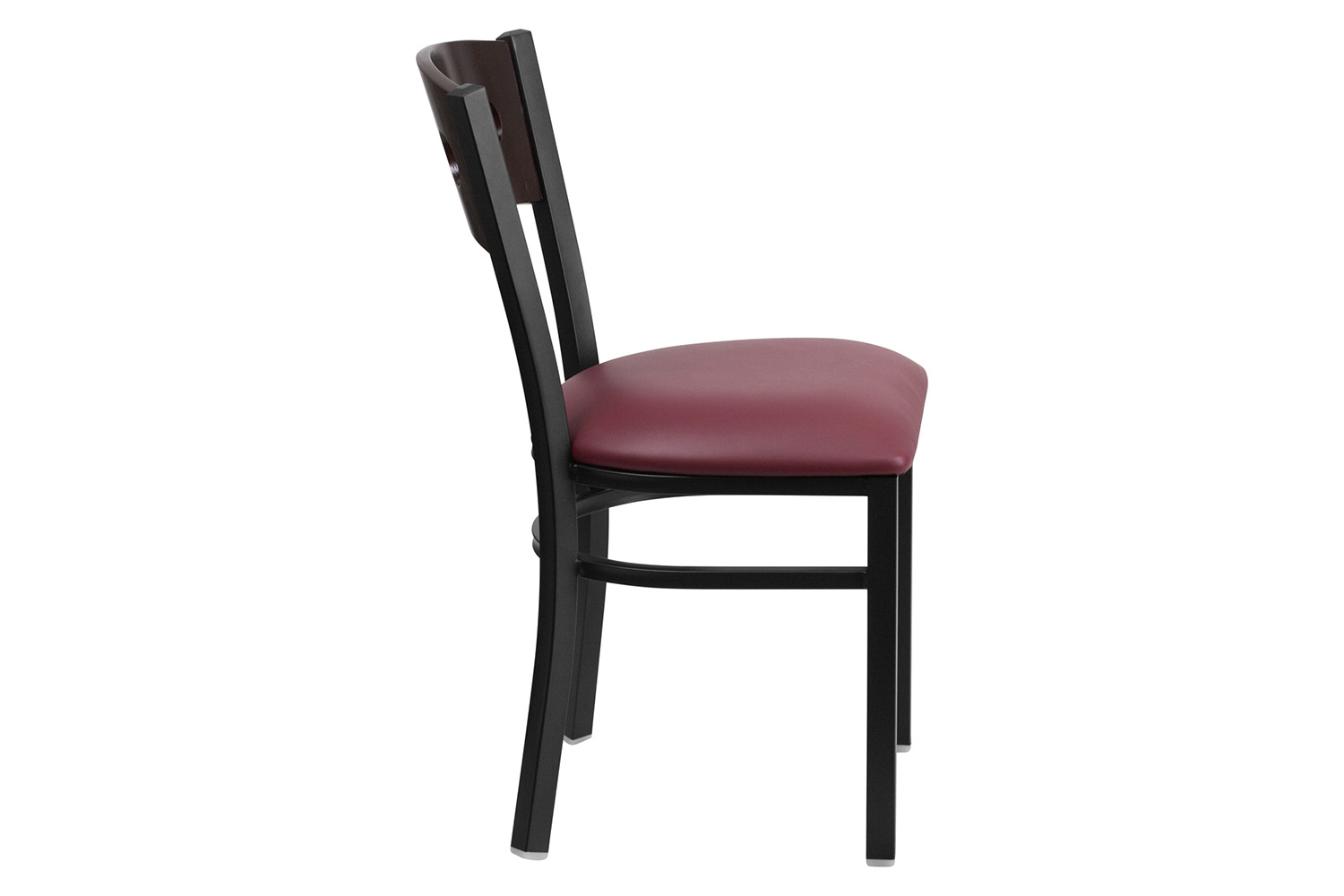 BLNK HERCULES Series Black Metal 3 Circle Back Restaurant Chair with Walnut Wood Back and Vinyl Seat - Burgundy