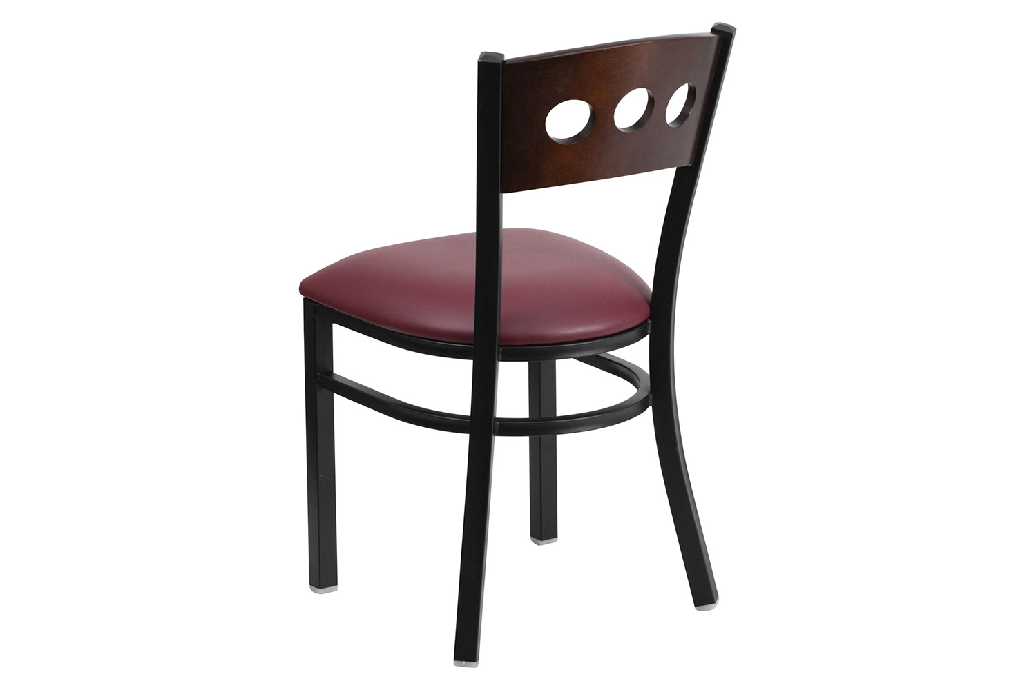 BLNK HERCULES Series Black Metal 3 Circle Back Restaurant Chair with Walnut Wood Back and Vinyl Seat - Burgundy