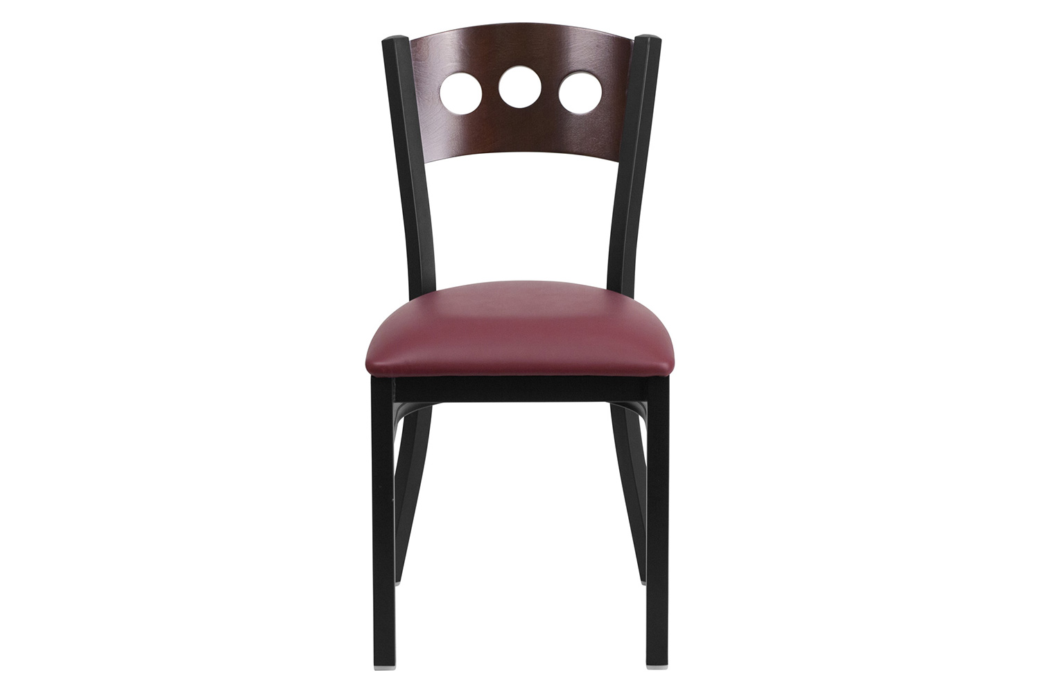 BLNK HERCULES Series Black Metal 3 Circle Back Restaurant Chair with Walnut Wood Back and Vinyl Seat - Burgundy