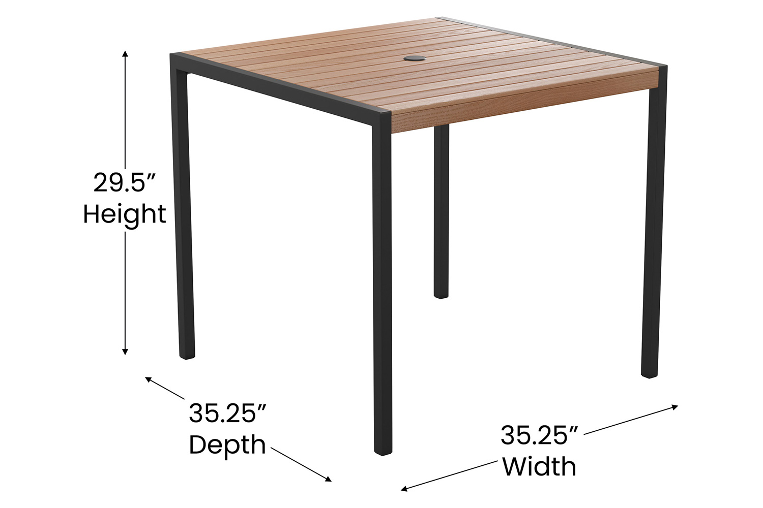 BLNK - Lark Outdoor Dining Table Set with Synthetic Teak Poly Slats, 35" Square Steel Framed Table with Umbrella Hole and 2 Club Chairs